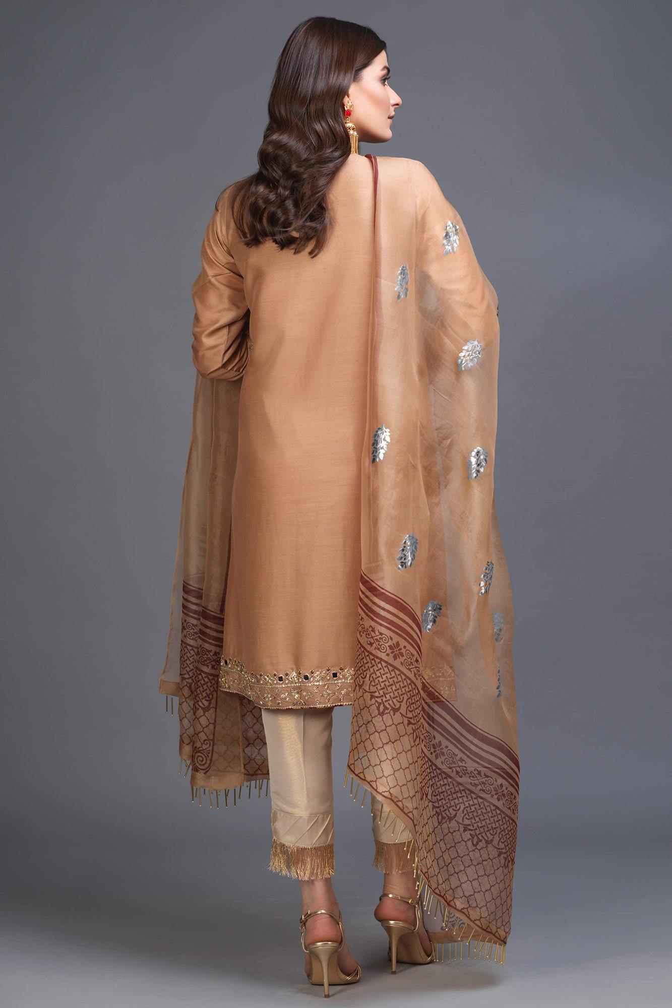 Sand Tone Embroidered PK Raw Silk Salwar Kameez (3-Piece) - Image 4