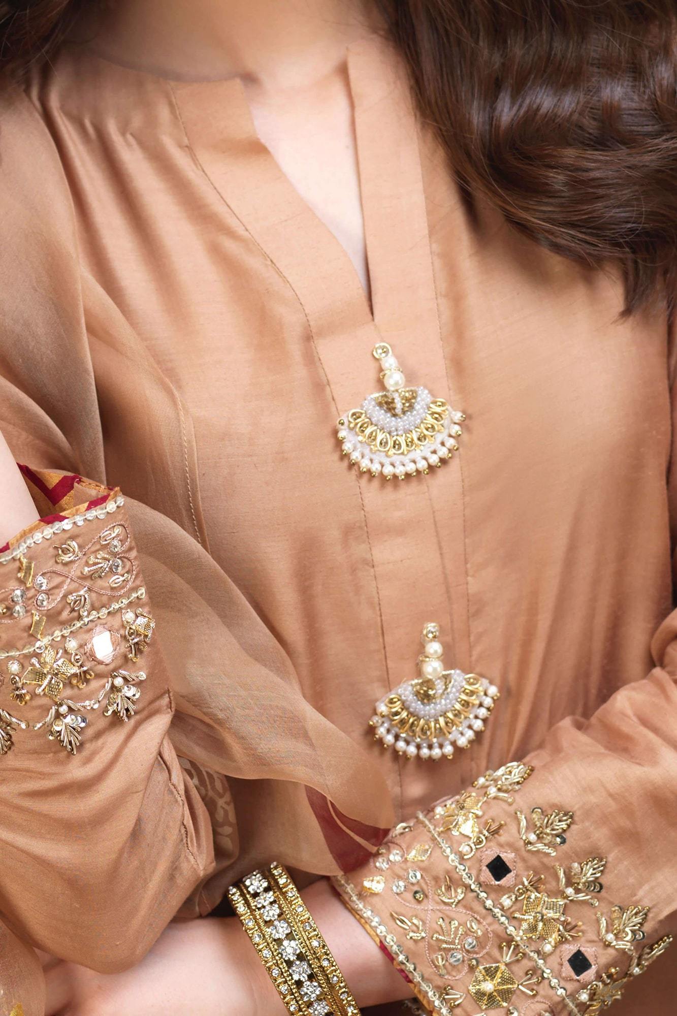 Sand Tone Embroidered PK Raw Silk Salwar Kameez (3-Piece) - Image 5