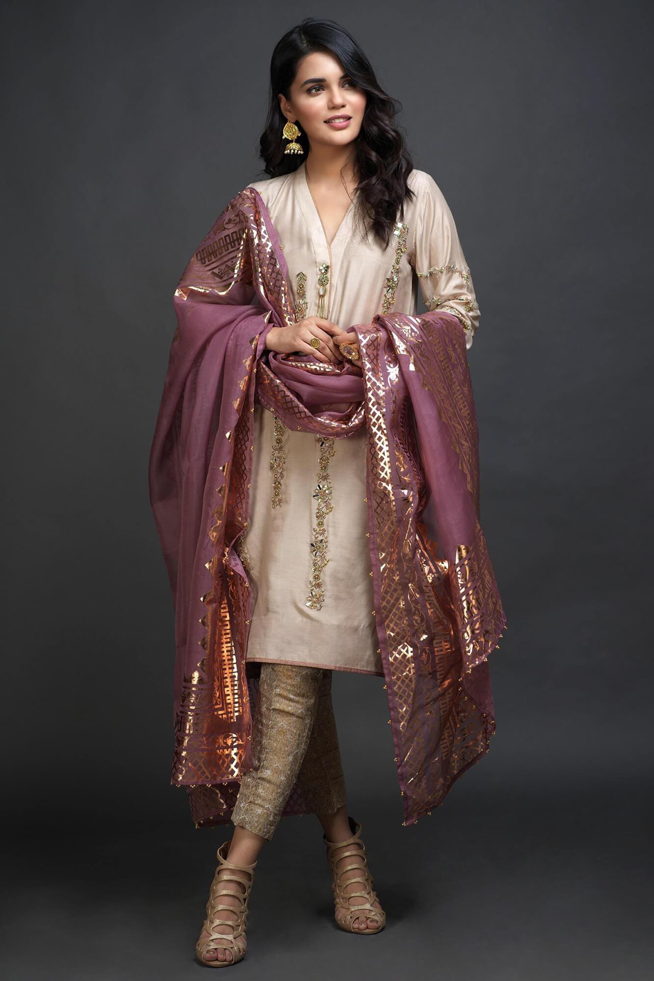 Pakistani Beige Embroidered PK Raw Silk Salwar Kameez (3-Piece) - Image 4