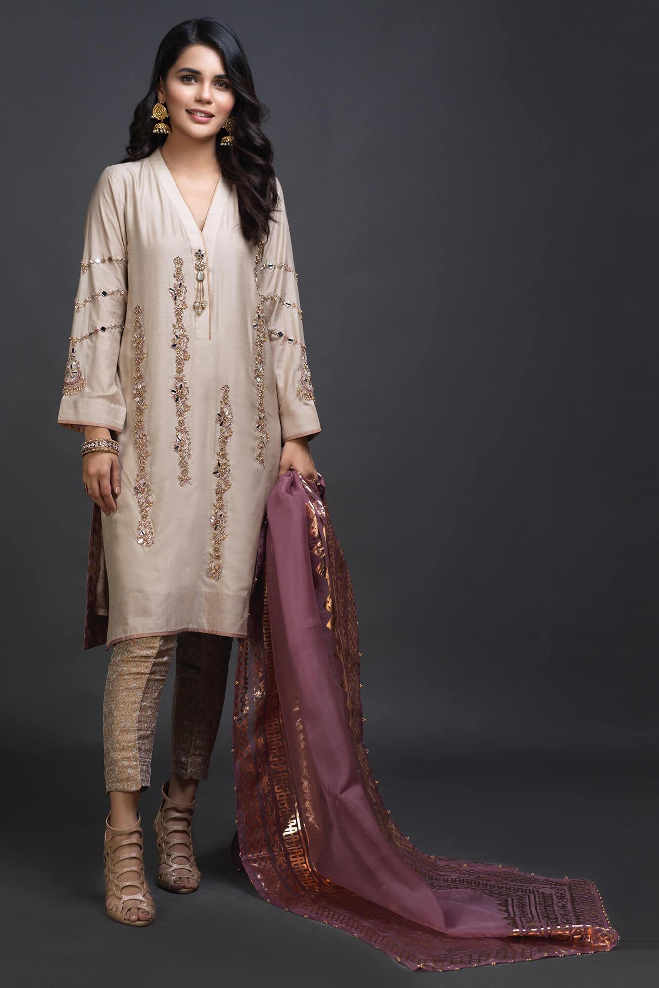 Pakistani Beige Embroidered PK Raw Silk Salwar Kameez (3-Piece) - Image 6