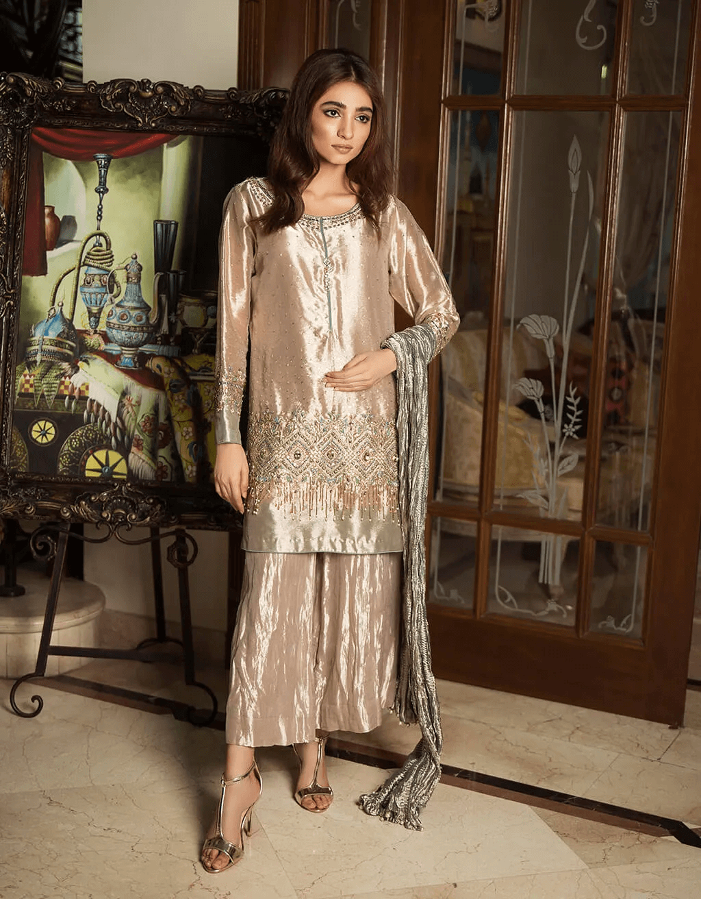 Beige Embroidered Pure Tissue Salwar Kameez (3-Piece) - Image 1