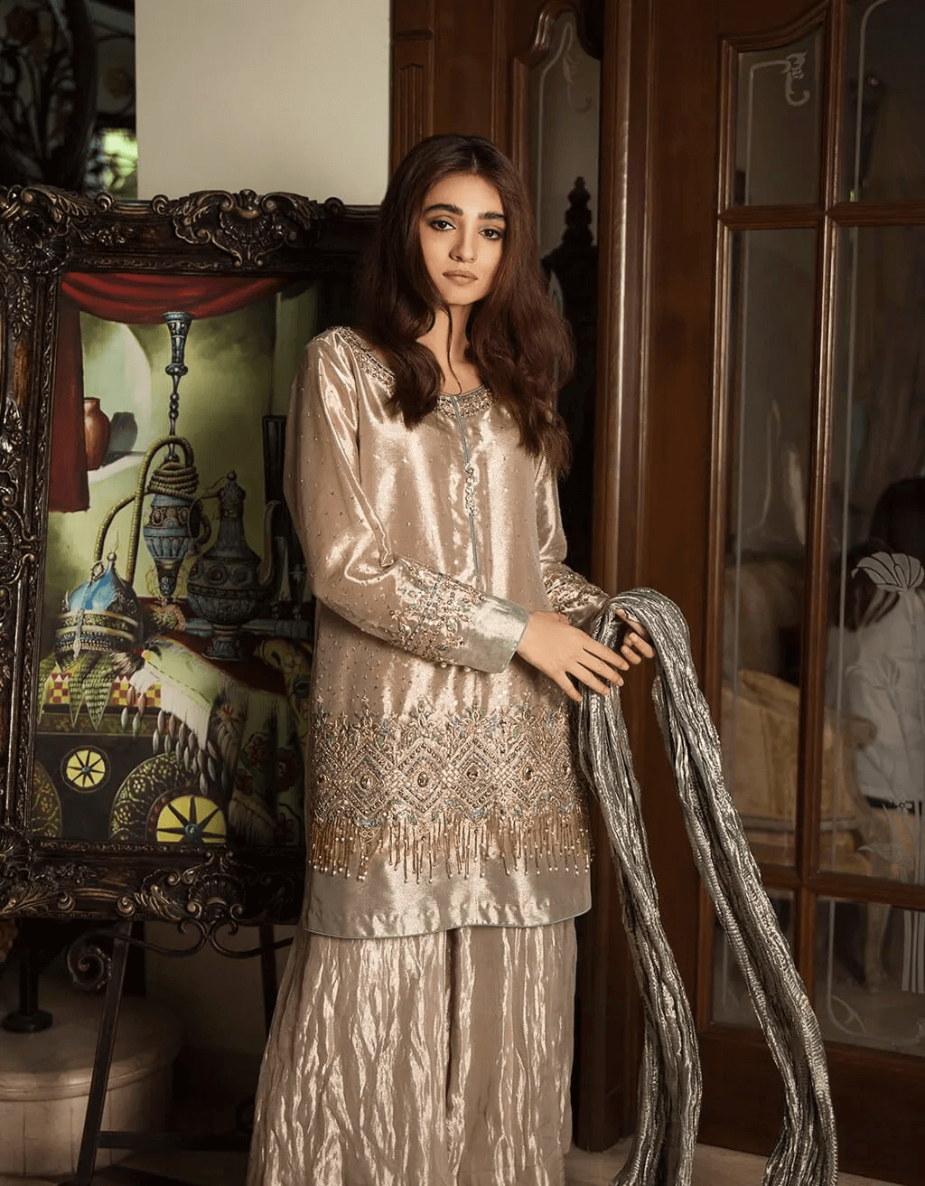 Beige Embroidered Pure Tissue Salwar Kameez (3-Piece) - Image 2