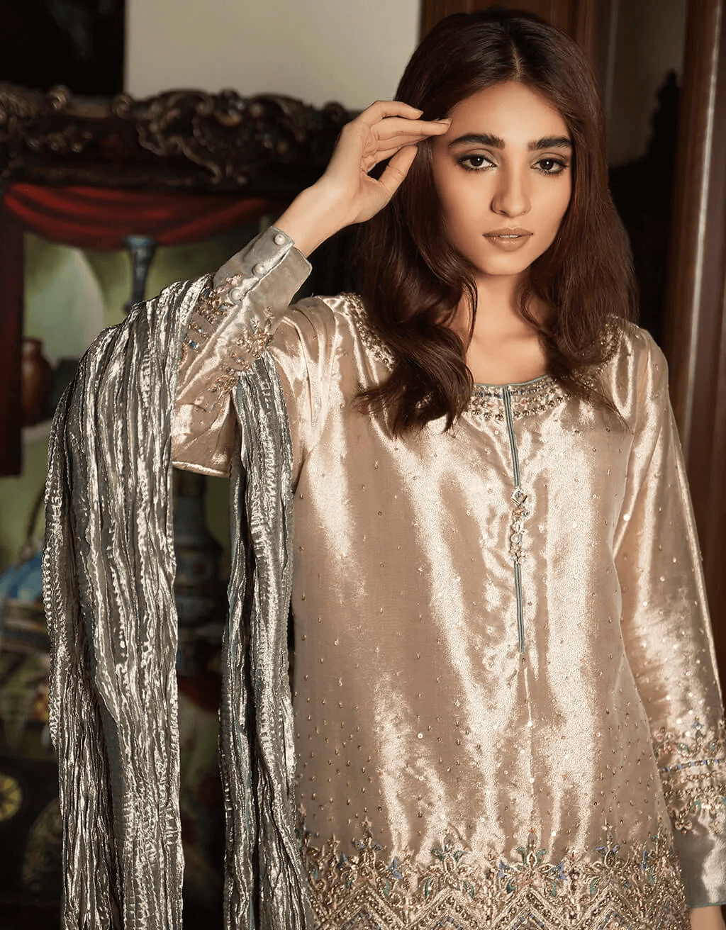 Beige Embroidered Pure Tissue Salwar Kameez (3-Piece) - Image 3