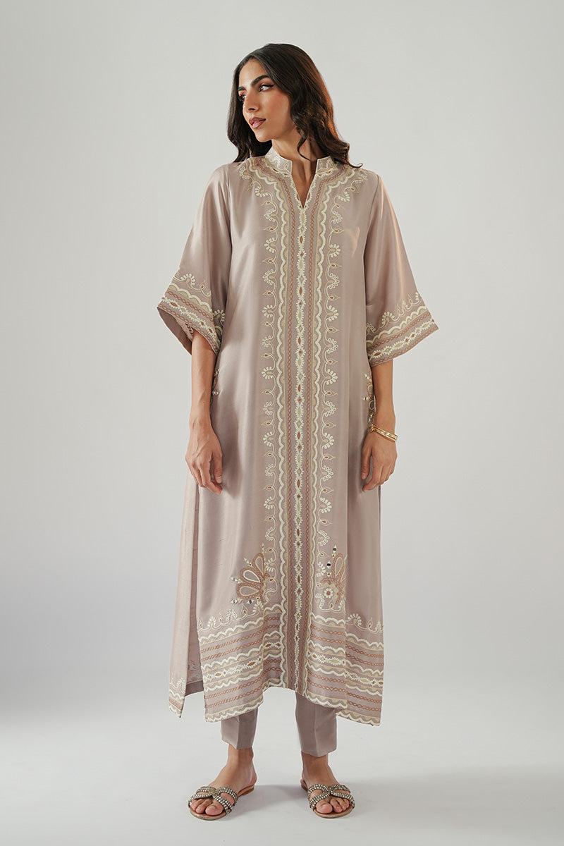 Beige Aari Embroidered Pure Raw Silk Kurta (2-Piece) - Image 1