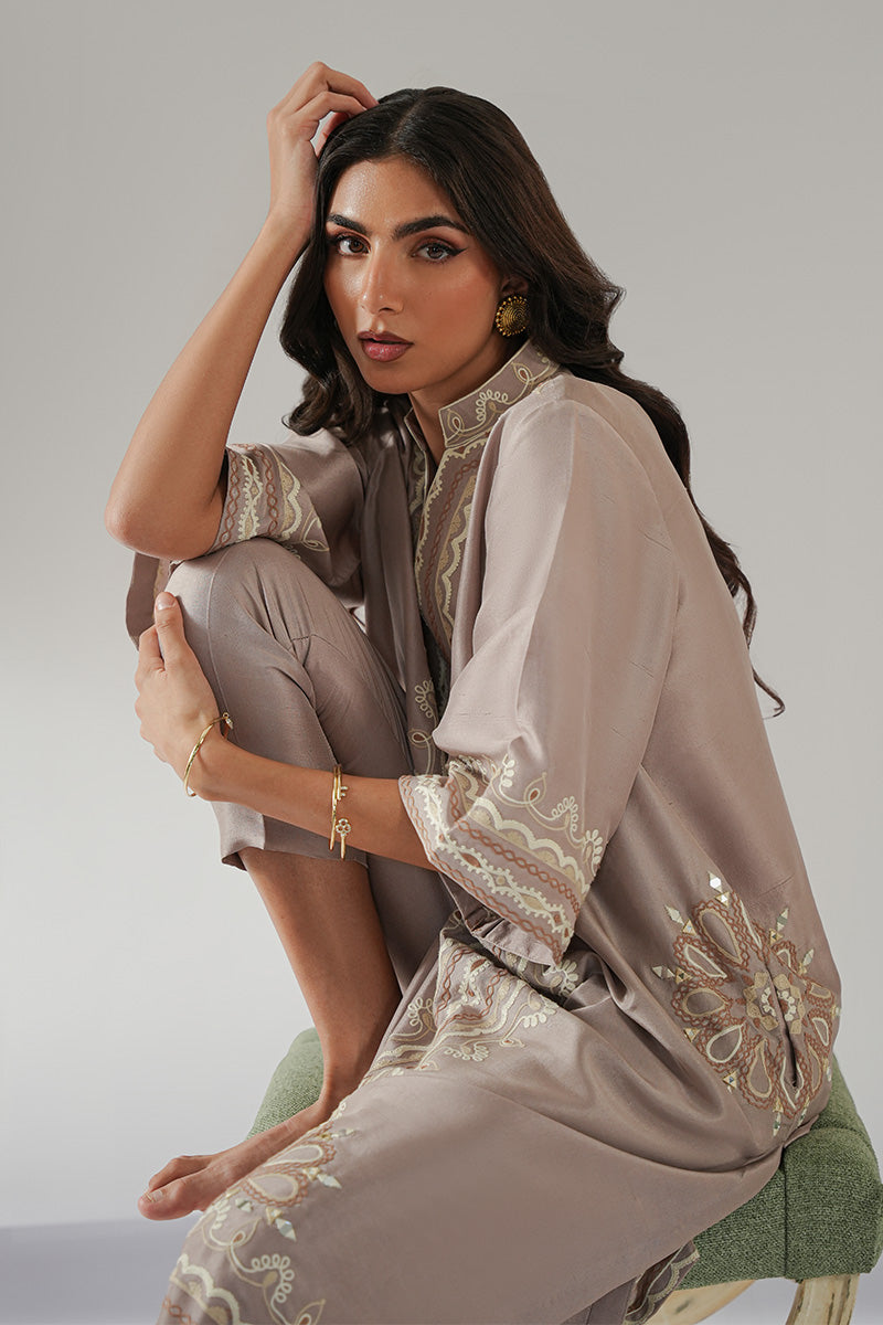 Beige Aari Embroidered Pure Raw Silk Kurta (2-Piece) - Image 5