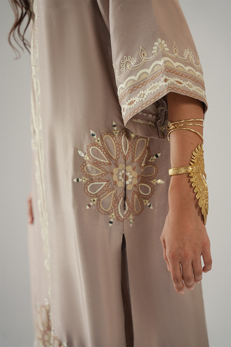 Beige Aari Embroidered Pure Raw Silk Kurta (2-Piece) - Image 8