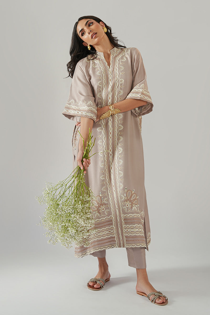 Beige Aari Embroidered Pure Raw Silk Kurta (2-Piece) - Image 9