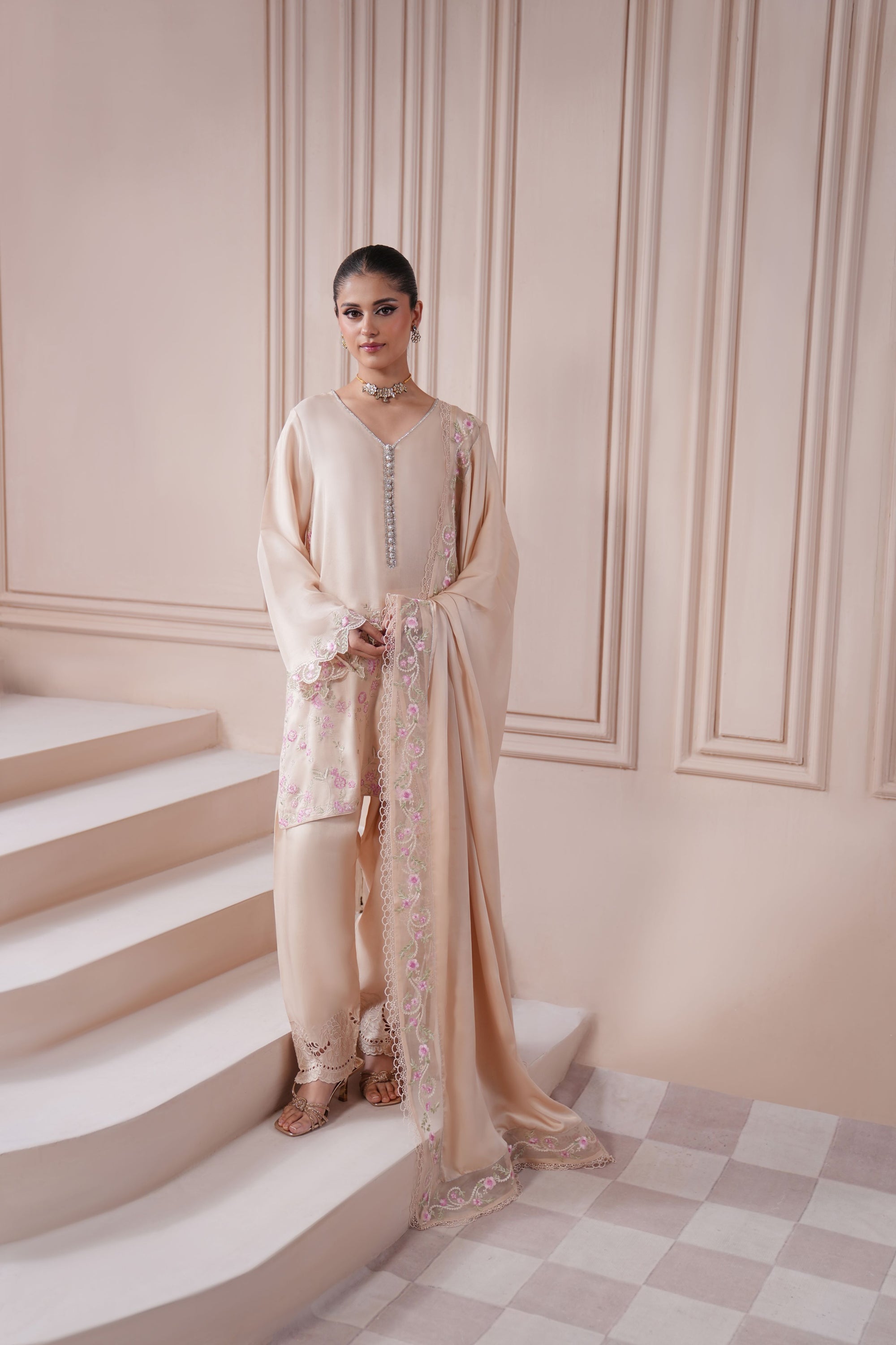 Pakistani Taupe Ada & Thread Embroidered Silk Salwar Kameez (3-Piece) - Image 1