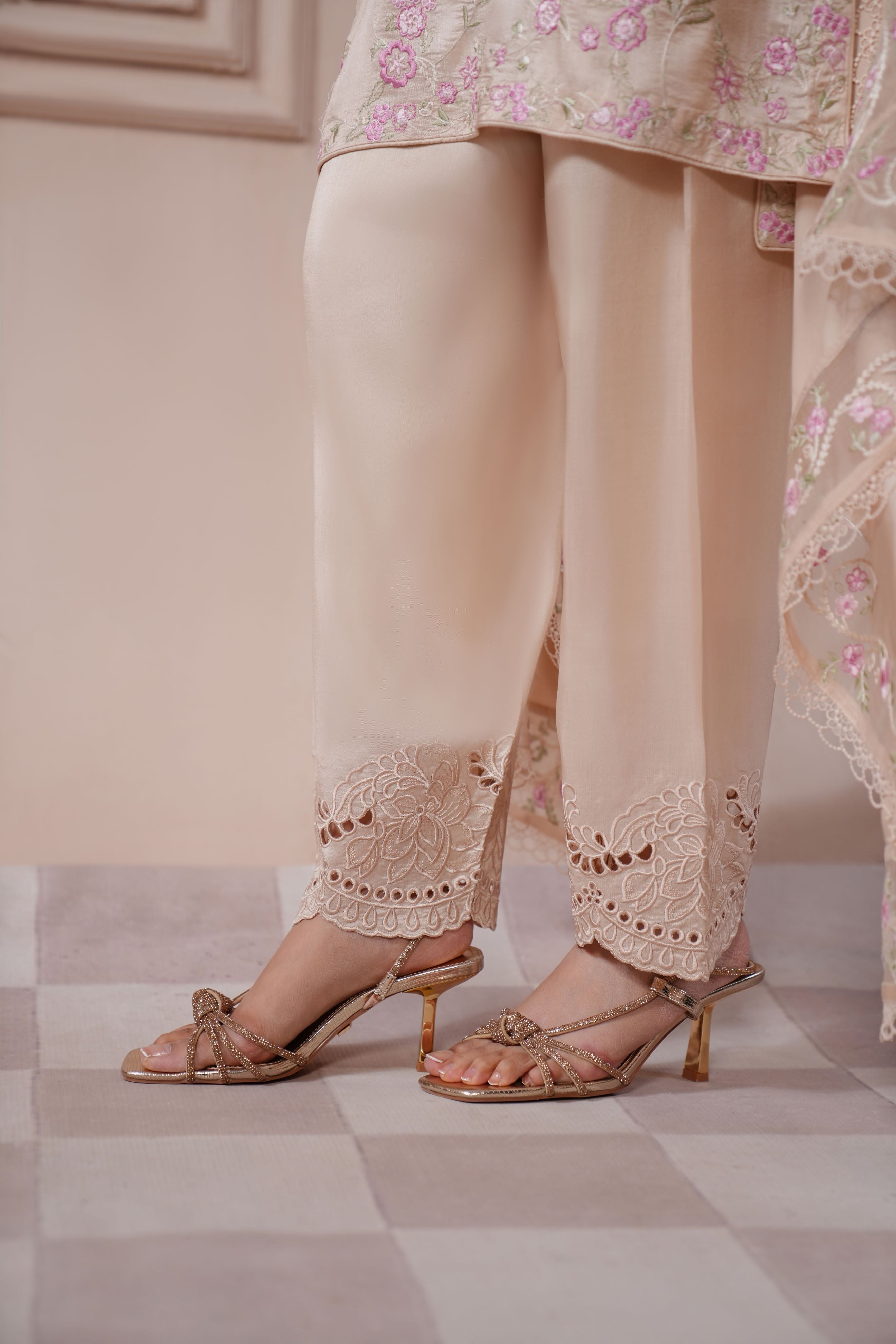 Pakistani Taupe Ada & Thread Embroidered Silk Salwar Kameez (3-Piece) - Image 2