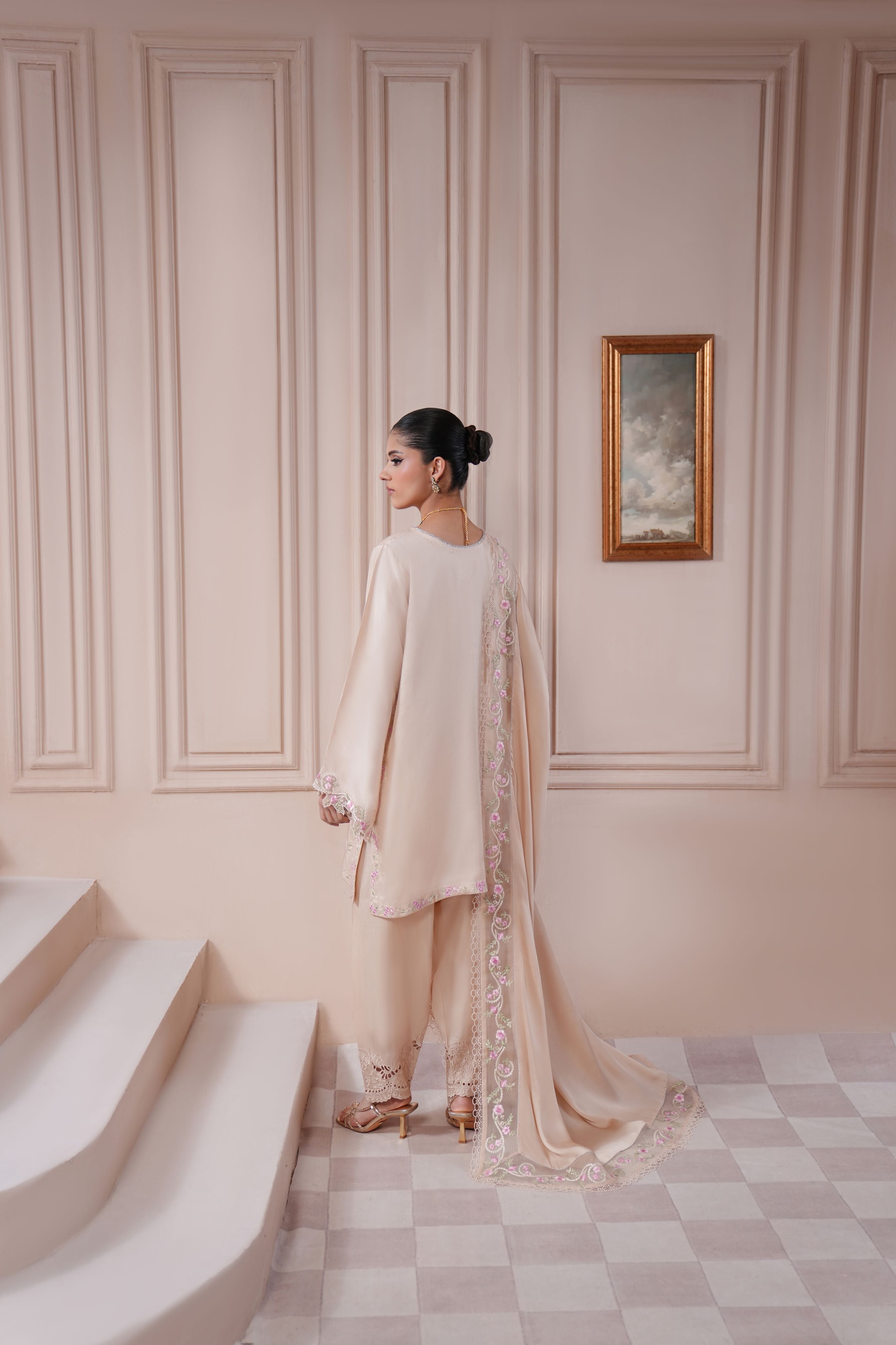 Pakistani Taupe Ada & Thread Embroidered Silk Salwar Kameez (3-Piece) - Image 4