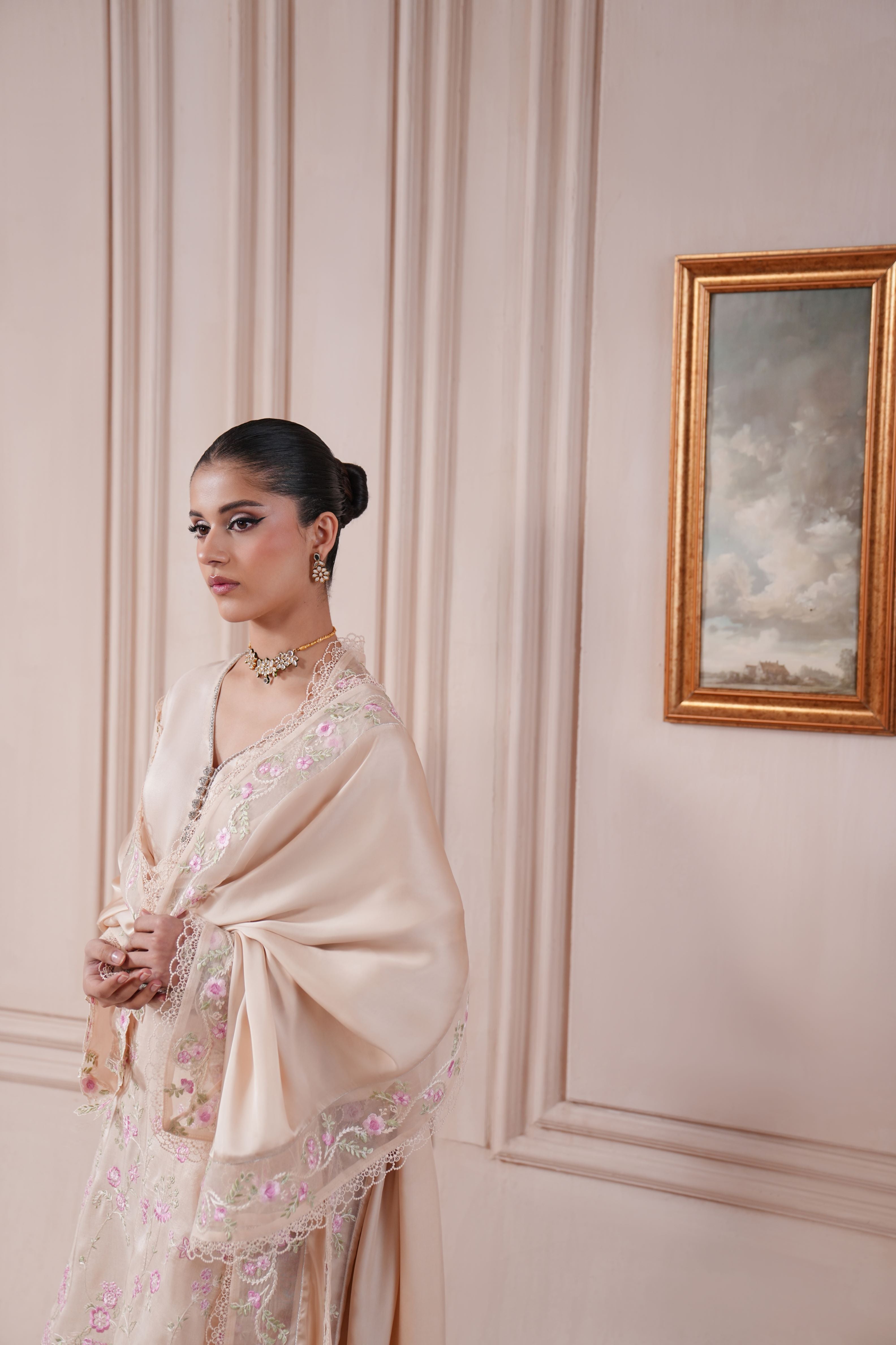 Pakistani Taupe Ada & Thread Embroidered Silk Salwar Kameez (3-Piece) - Image 5