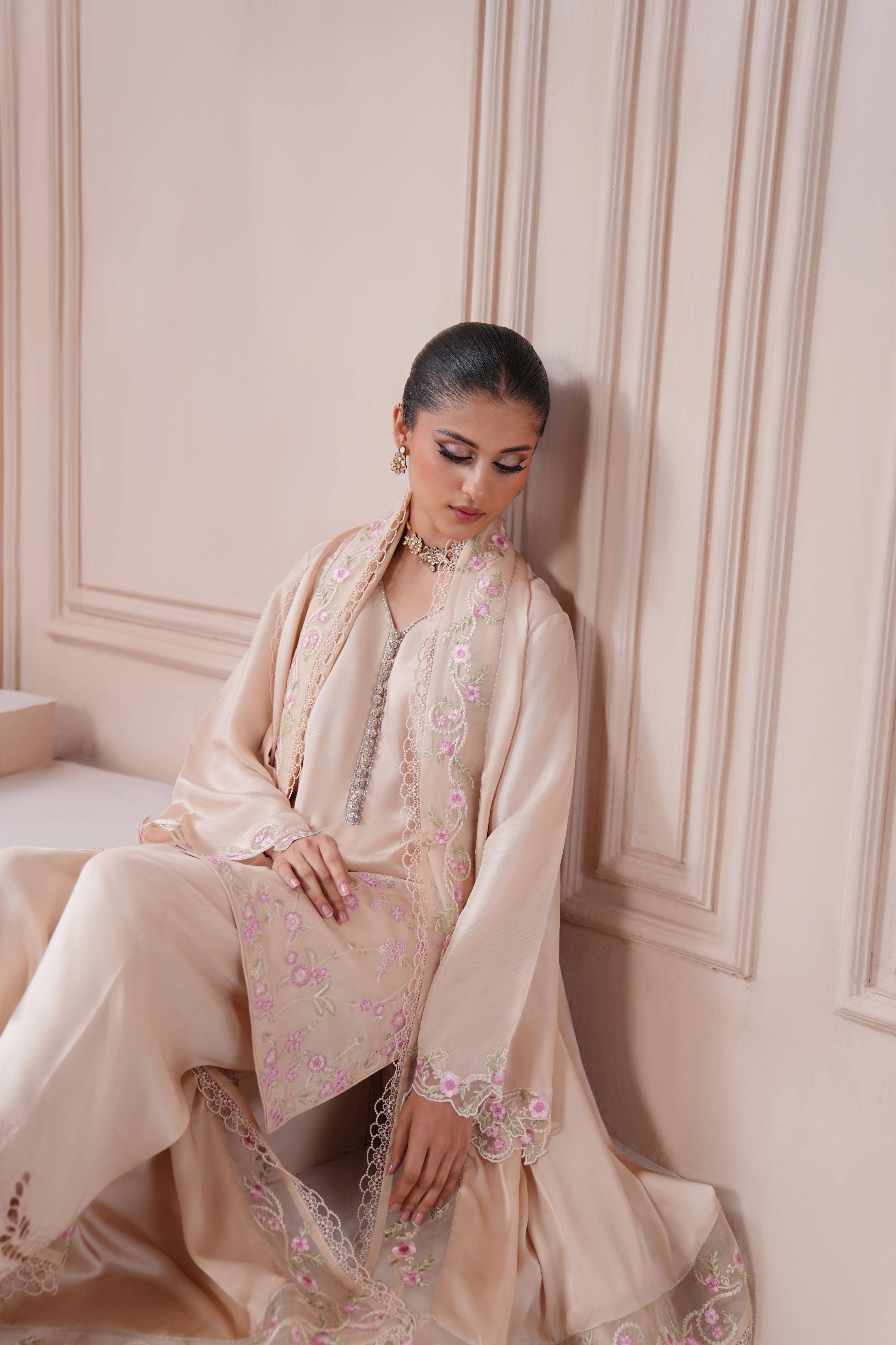 Pakistani Taupe Ada & Thread Embroidered Silk Salwar Kameez (3-Piece) - Image 7