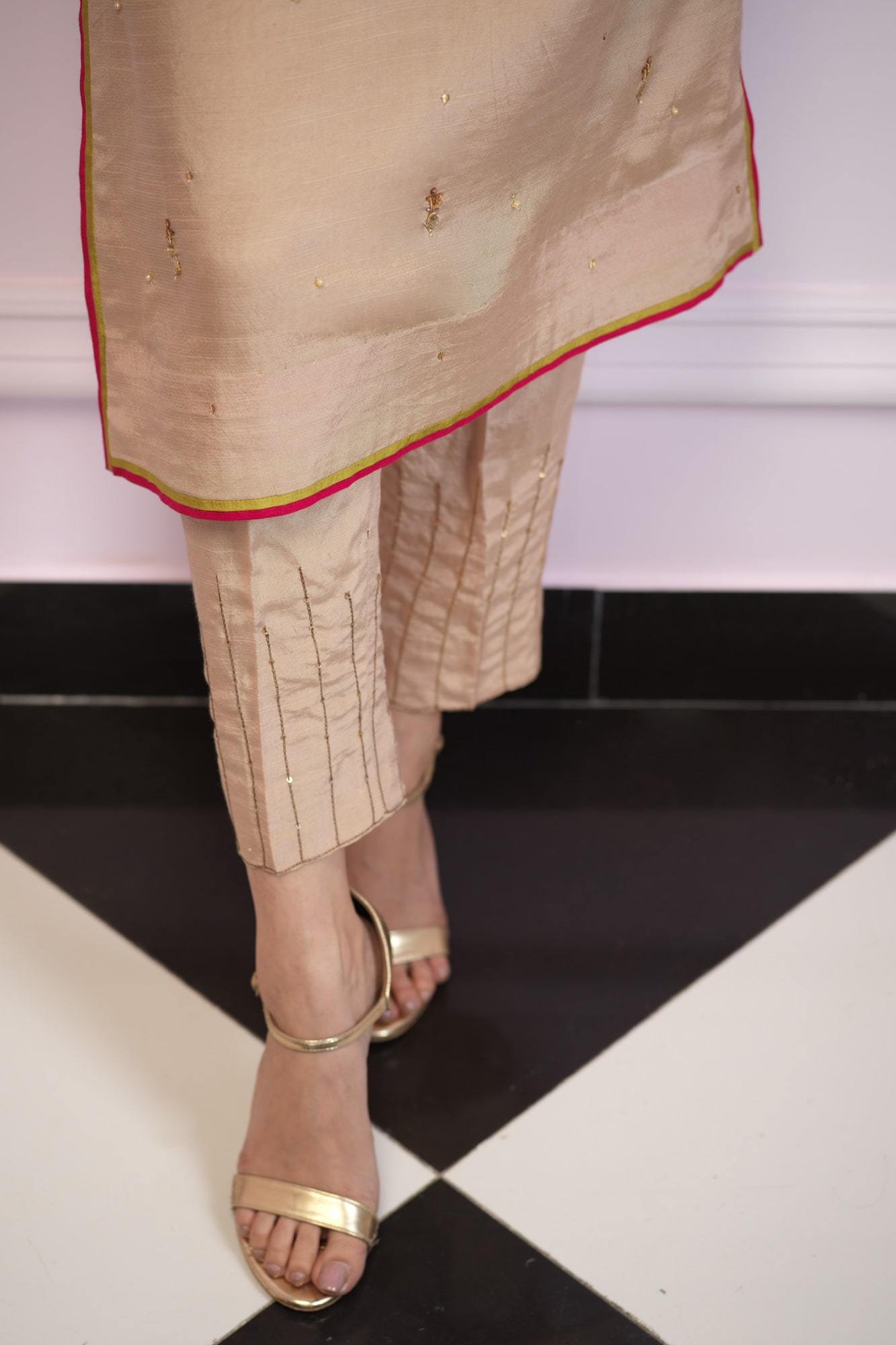 Pakistani Beige Embroidered Raw Silk Salwar Kameez (3-Piece) - Image 1