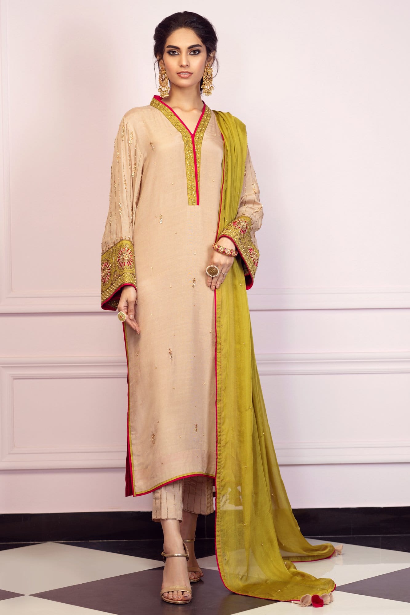 Pakistani Beige Embroidered Raw Silk Salwar Kameez (3-Piece) - Image 2