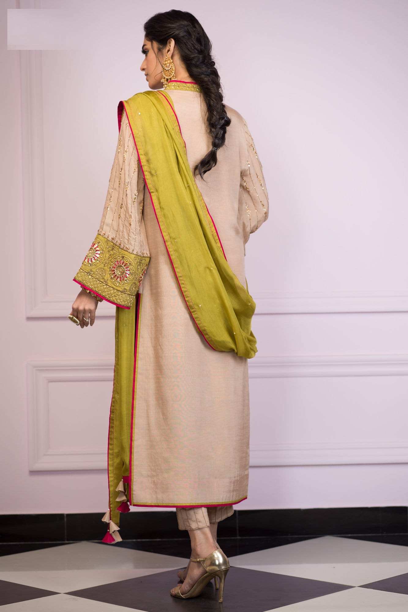 Pakistani Beige Embroidered Raw Silk Salwar Kameez (3-Piece) - Image 3