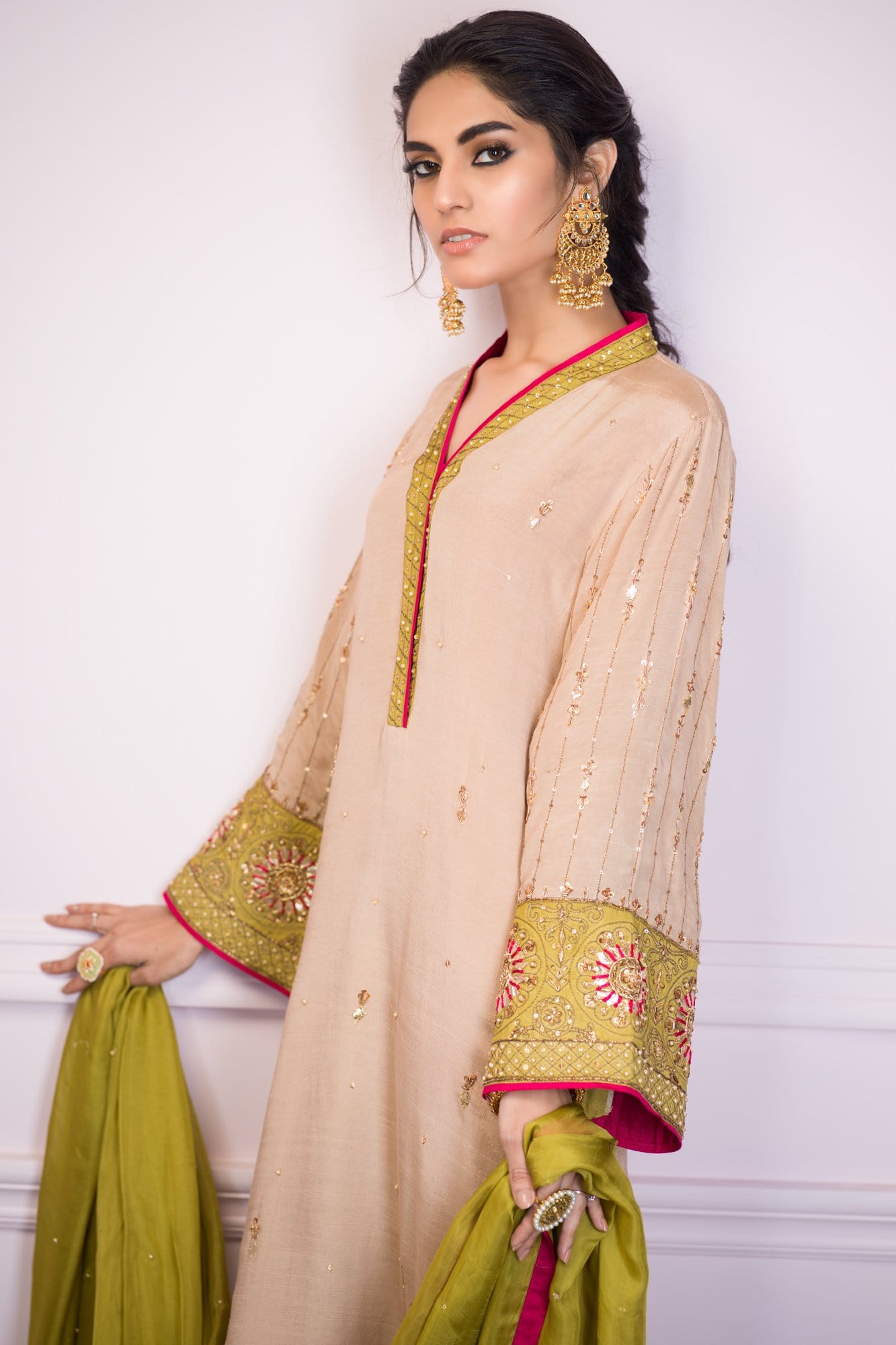 Pakistani Beige Embroidered Raw Silk Salwar Kameez (3-Piece) - Image 4