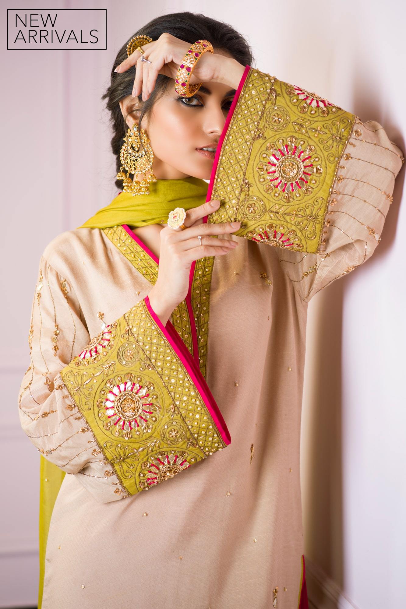Pakistani Beige Embroidered Raw Silk Salwar Kameez (3-Piece) - Image 5