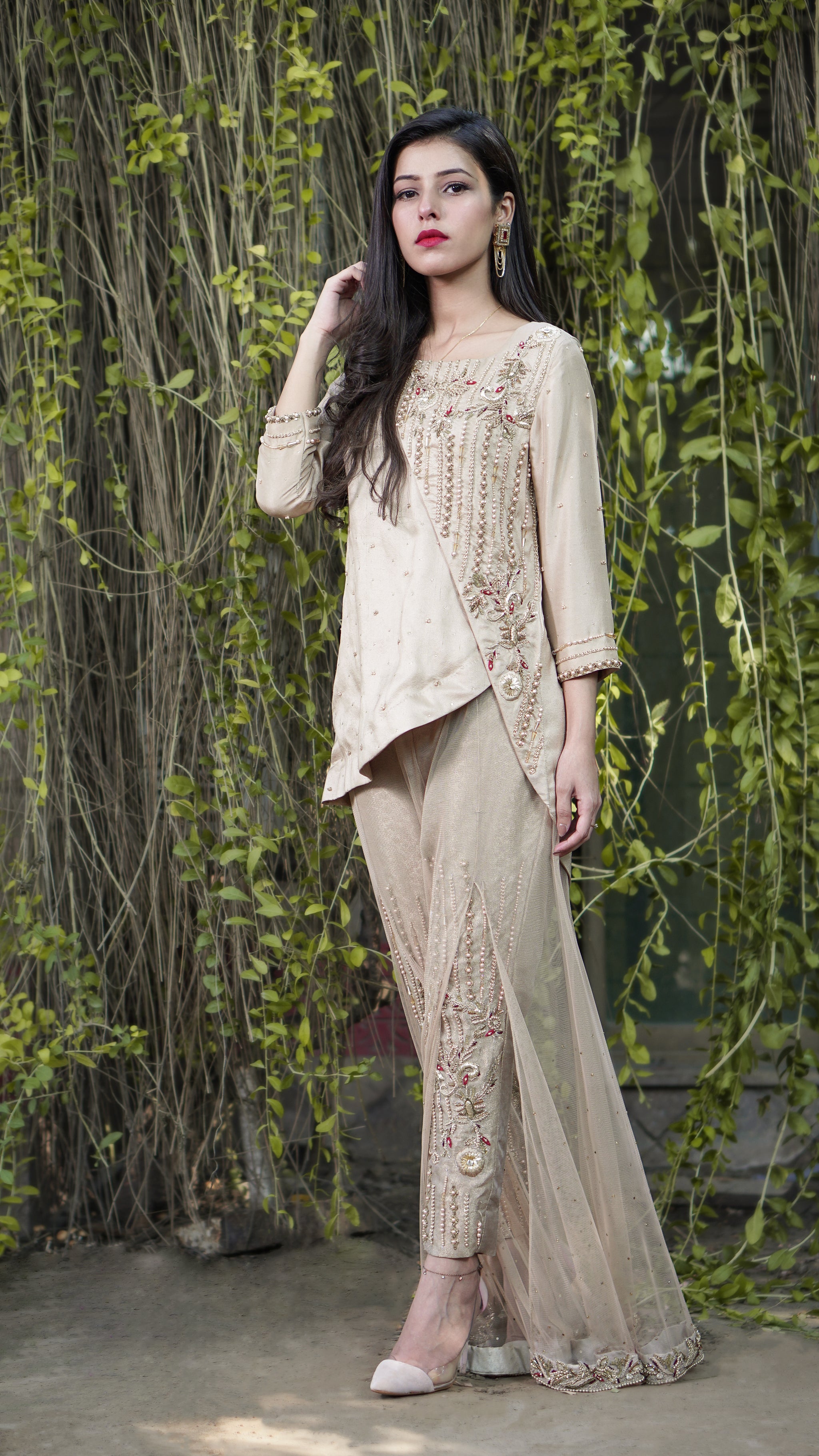 Beige Embellished Raw Silk Salwar Kameez (2-Piece) - Image 1