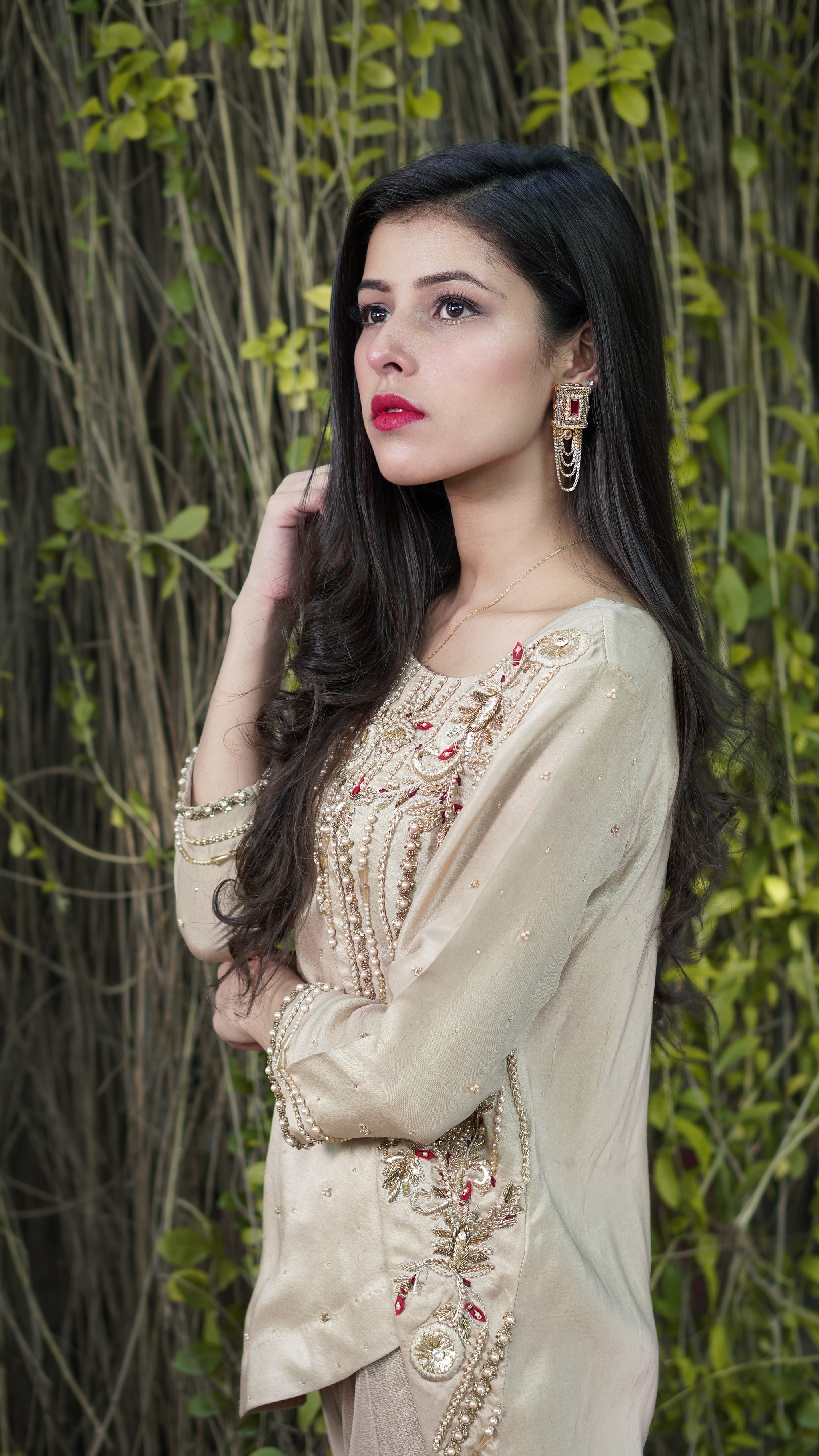 Beige Embellished Raw Silk Salwar Kameez (2-Piece) - Image 2