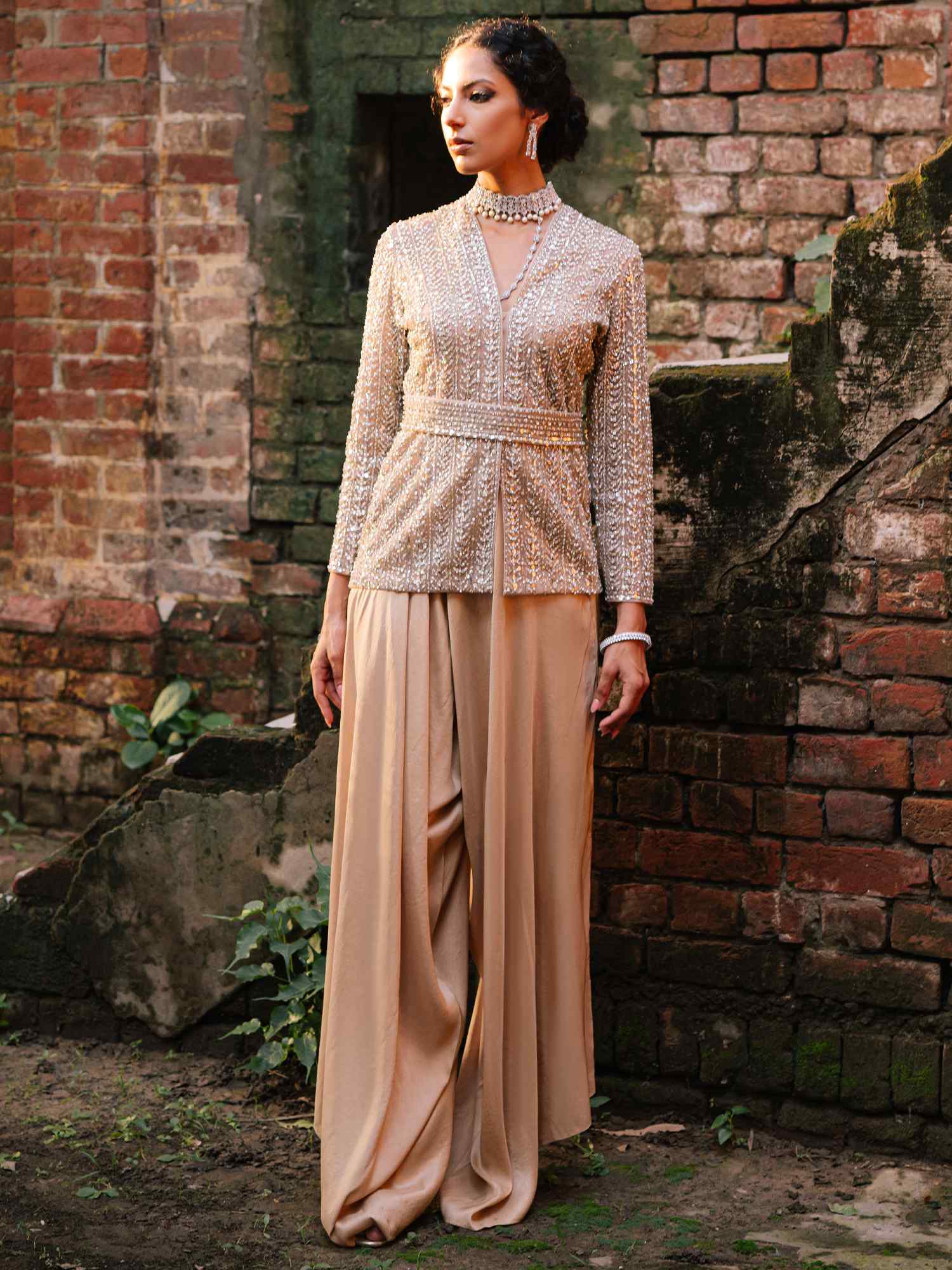 Pakistani Nude Hand-Embellished Raw Silk & Net Jacket (2-Piece) - Image 1