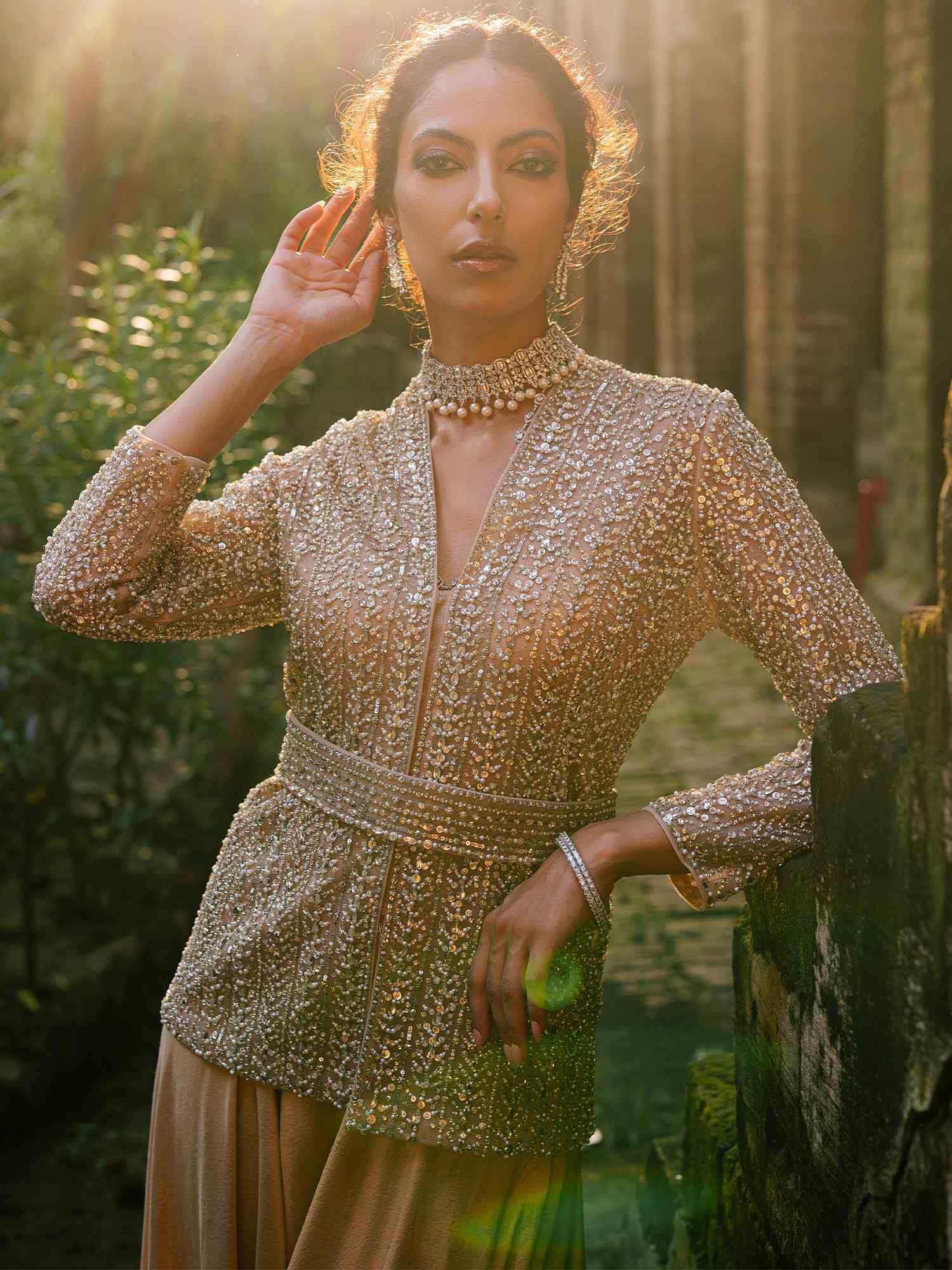 Pakistani Nude Hand-Embellished Raw Silk & Net Jacket (2-Piece) - Image 2