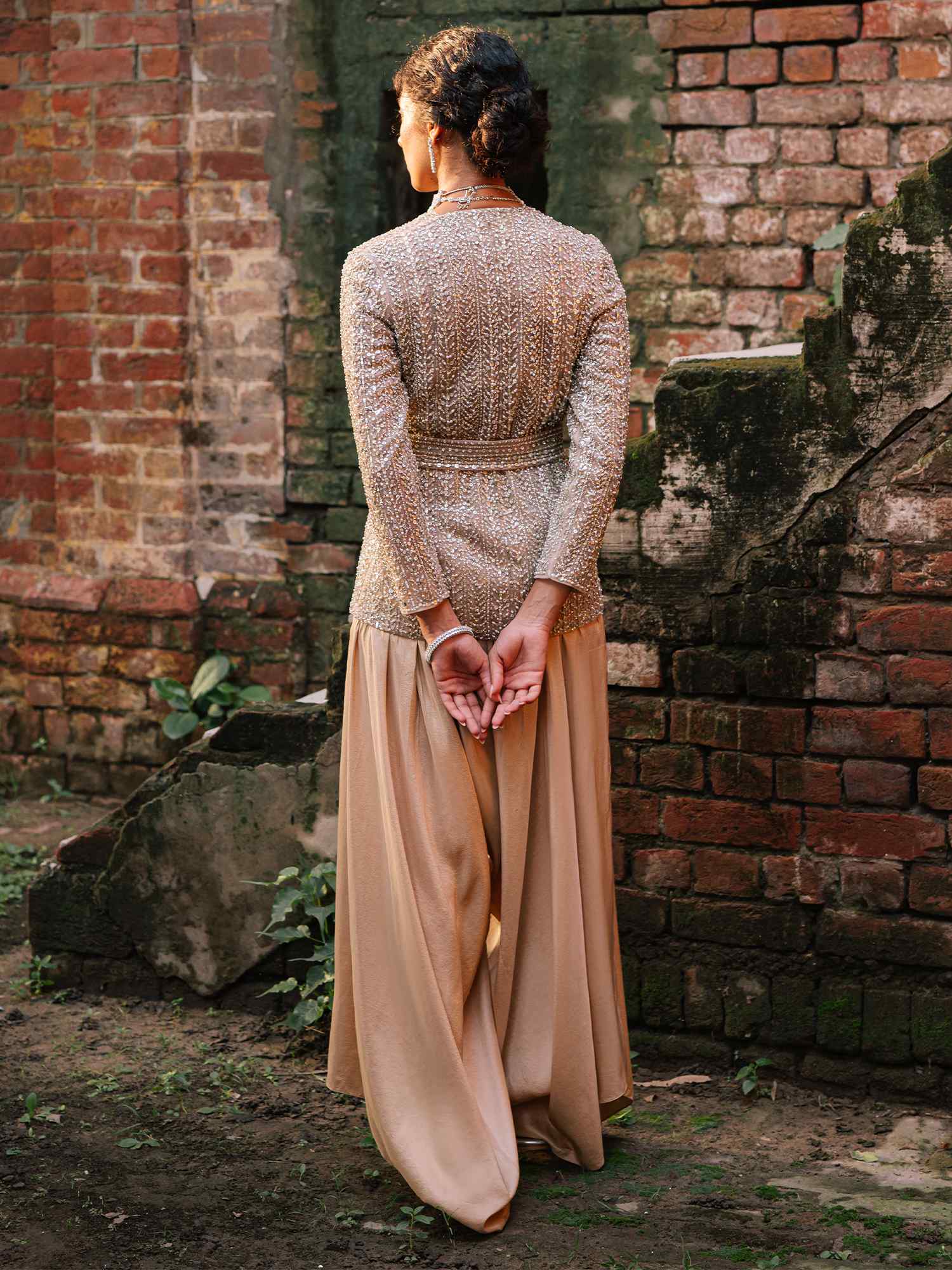 Pakistani Nude Hand-Embellished Raw Silk & Net Jacket (2-Piece) - Image 4