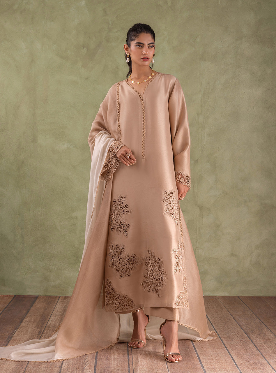 Pakistani Beige Cutwork Embroidered Raw Silk Salwar Kameez (3-Piece) - Image 1