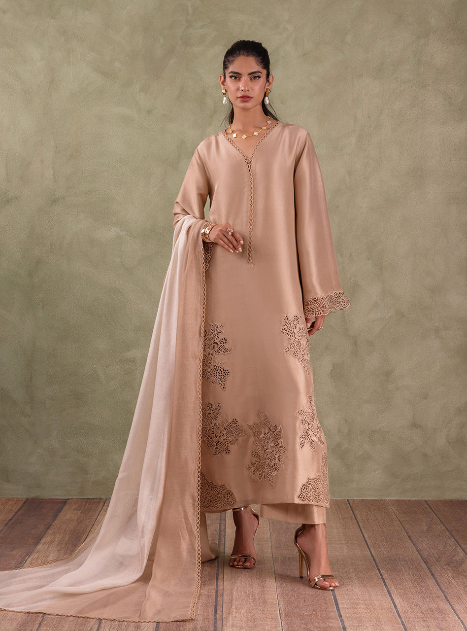 Pakistani Beige Cutwork Embroidered Raw Silk Salwar Kameez (3-Piece) - Image 10