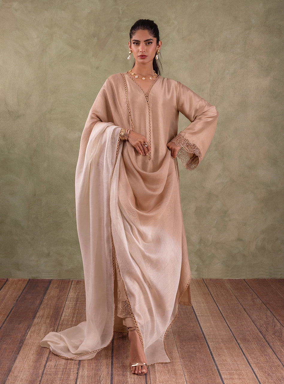 Pakistani Beige Cutwork Embroidered Raw Silk Salwar Kameez (3-Piece) - Image 11