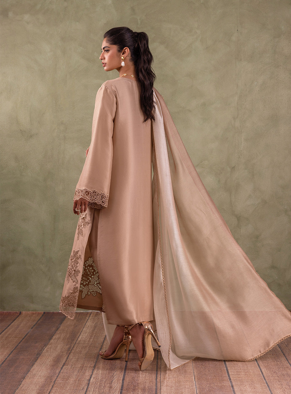 Pakistani Beige Cutwork Embroidered Raw Silk Salwar Kameez (3-Piece) - Image 2