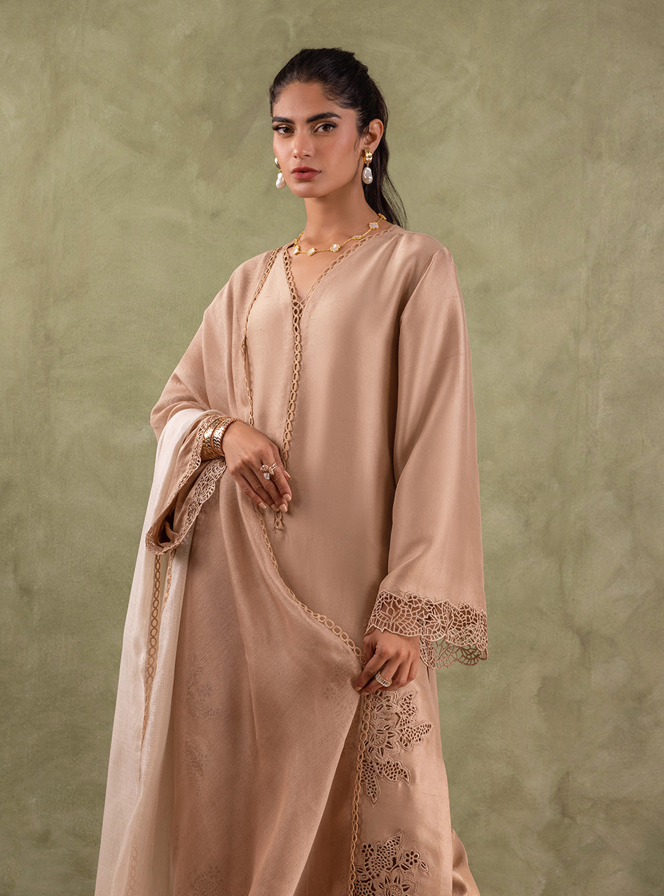 Pakistani Beige Cutwork Embroidered Raw Silk Salwar Kameez (3-Piece) - Image 6