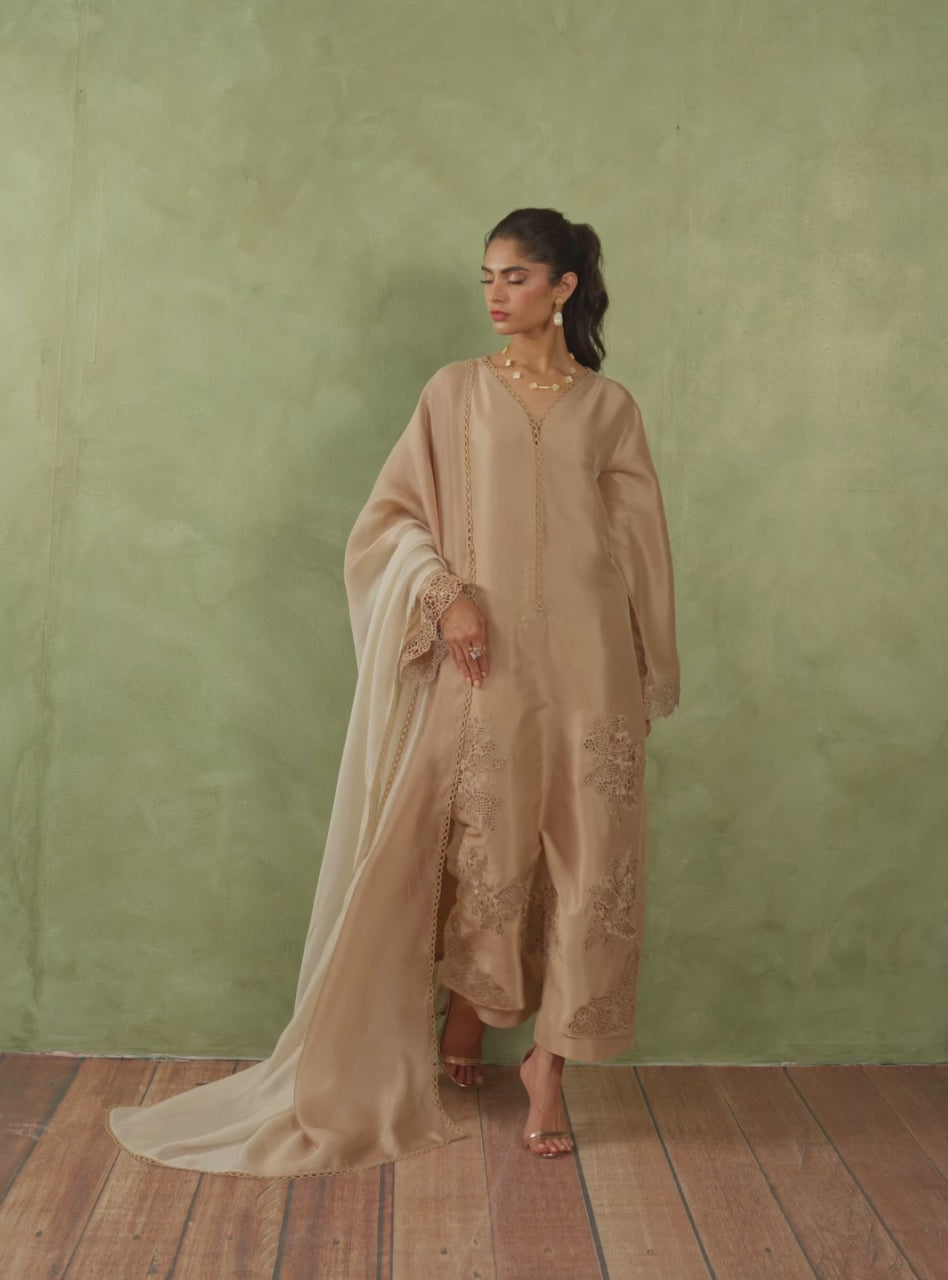 Pakistani Beige Cutwork Embroidered Raw Silk Salwar Kameez (3-Piece) - Image 8