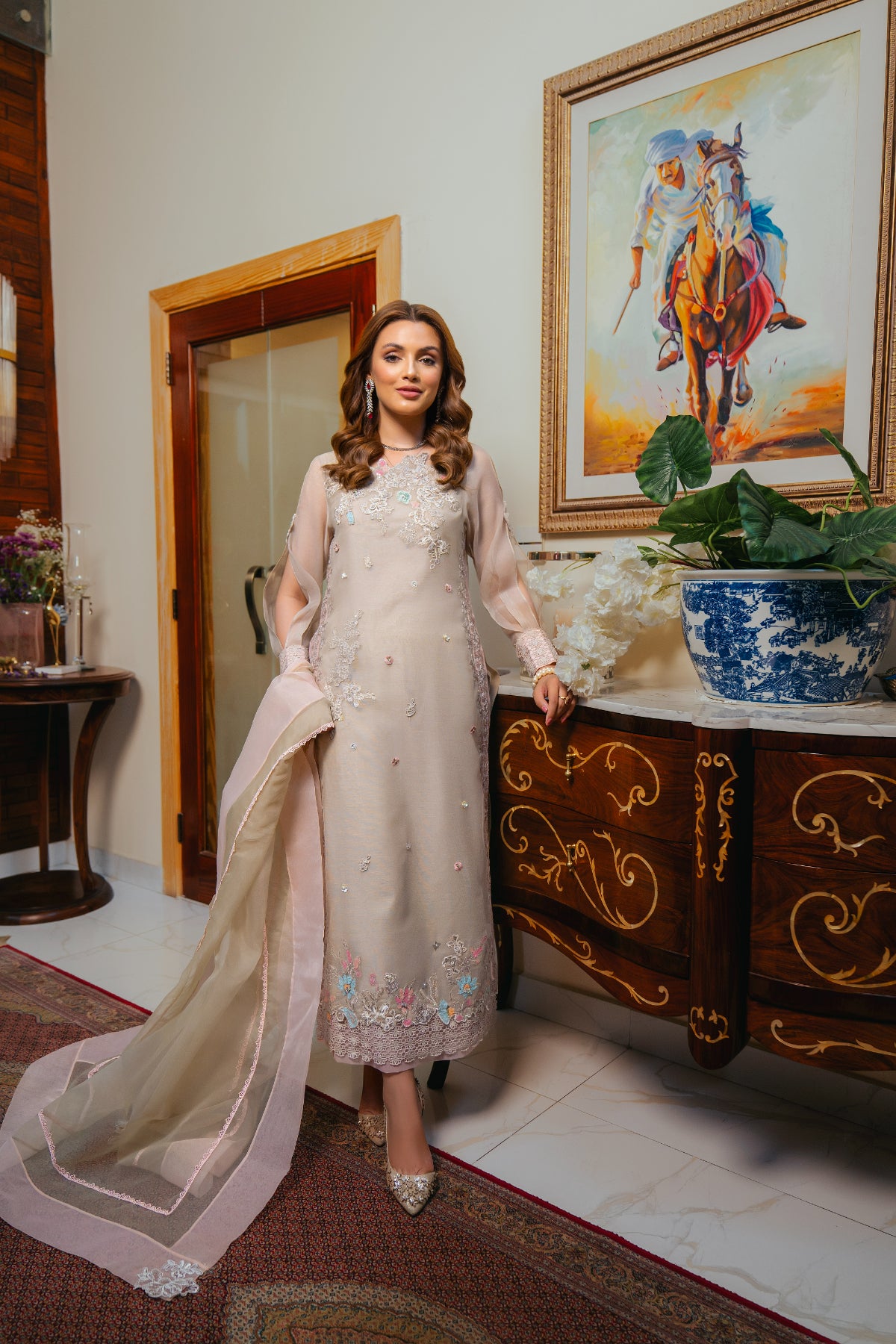 Pakistani Beige Embroidered Raw Silk Salwar Kameez (3-Piece) - Image 1