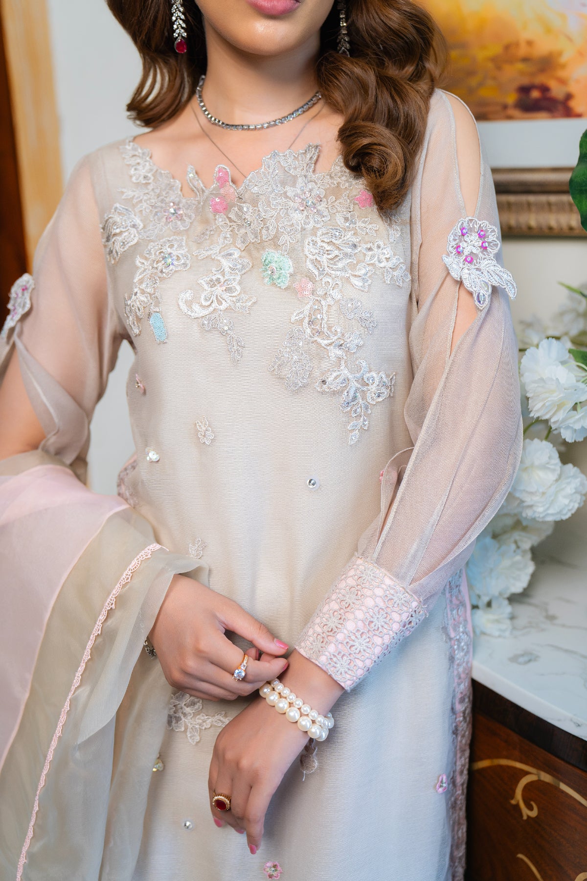 Pakistani Beige Embroidered Raw Silk Salwar Kameez (3-Piece) - Image 3