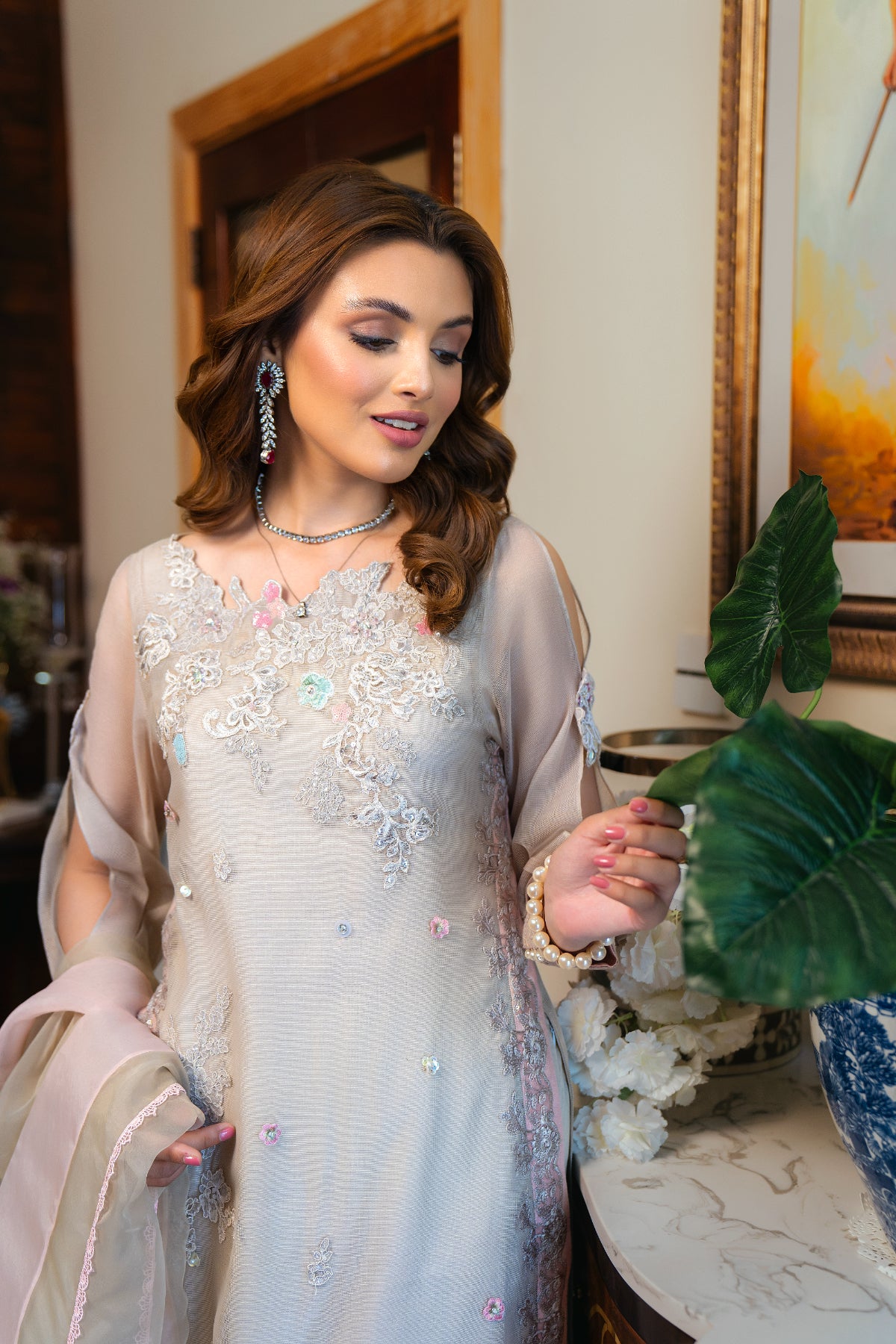 Pakistani Beige Embroidered Raw Silk Salwar Kameez (3-Piece) - Image 5