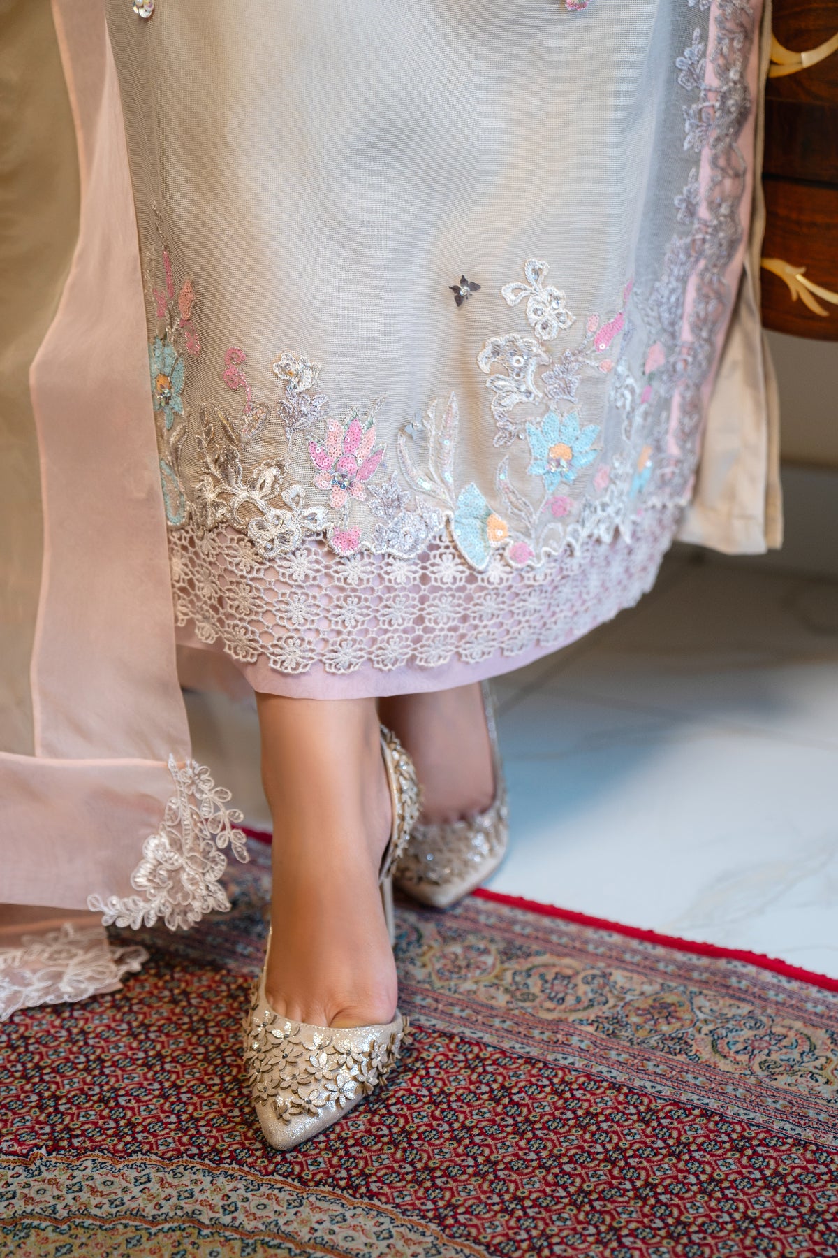 Pakistani Beige Embroidered Raw Silk Salwar Kameez (3-Piece) - Image 6