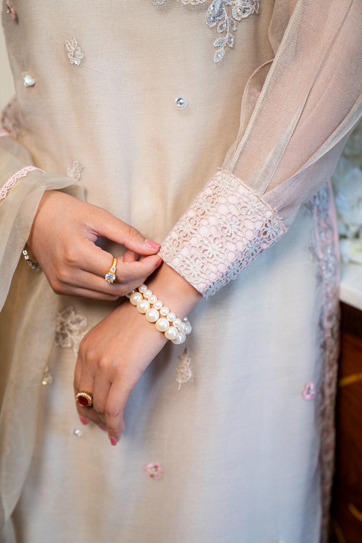 Pakistani Beige Embroidered Raw Silk Salwar Kameez (3-Piece) - Image 8