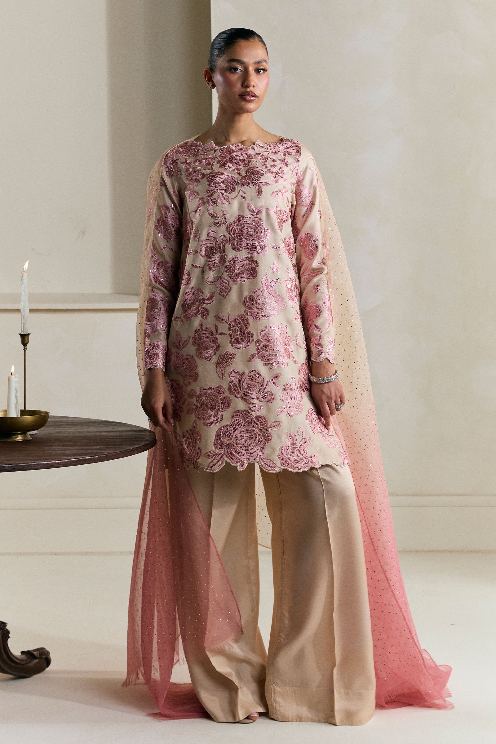 Pakistani Pale Beige Gara Embroidered Raw Silk Salwar Kameez (3-Piece) - Image 1
