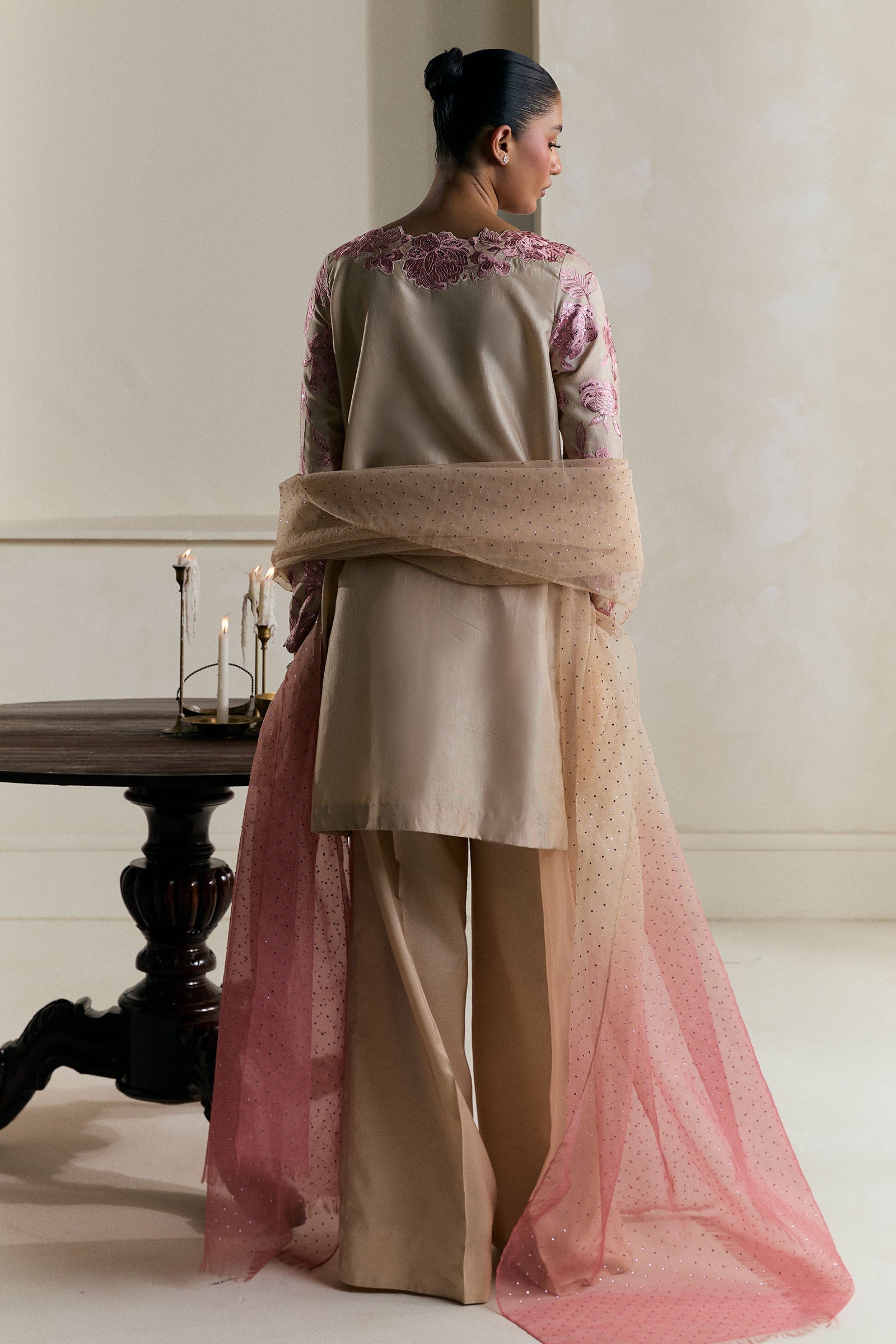 Pakistani Pale Beige Gara Embroidered Raw Silk Salwar Kameez (3-Piece) - Image 2