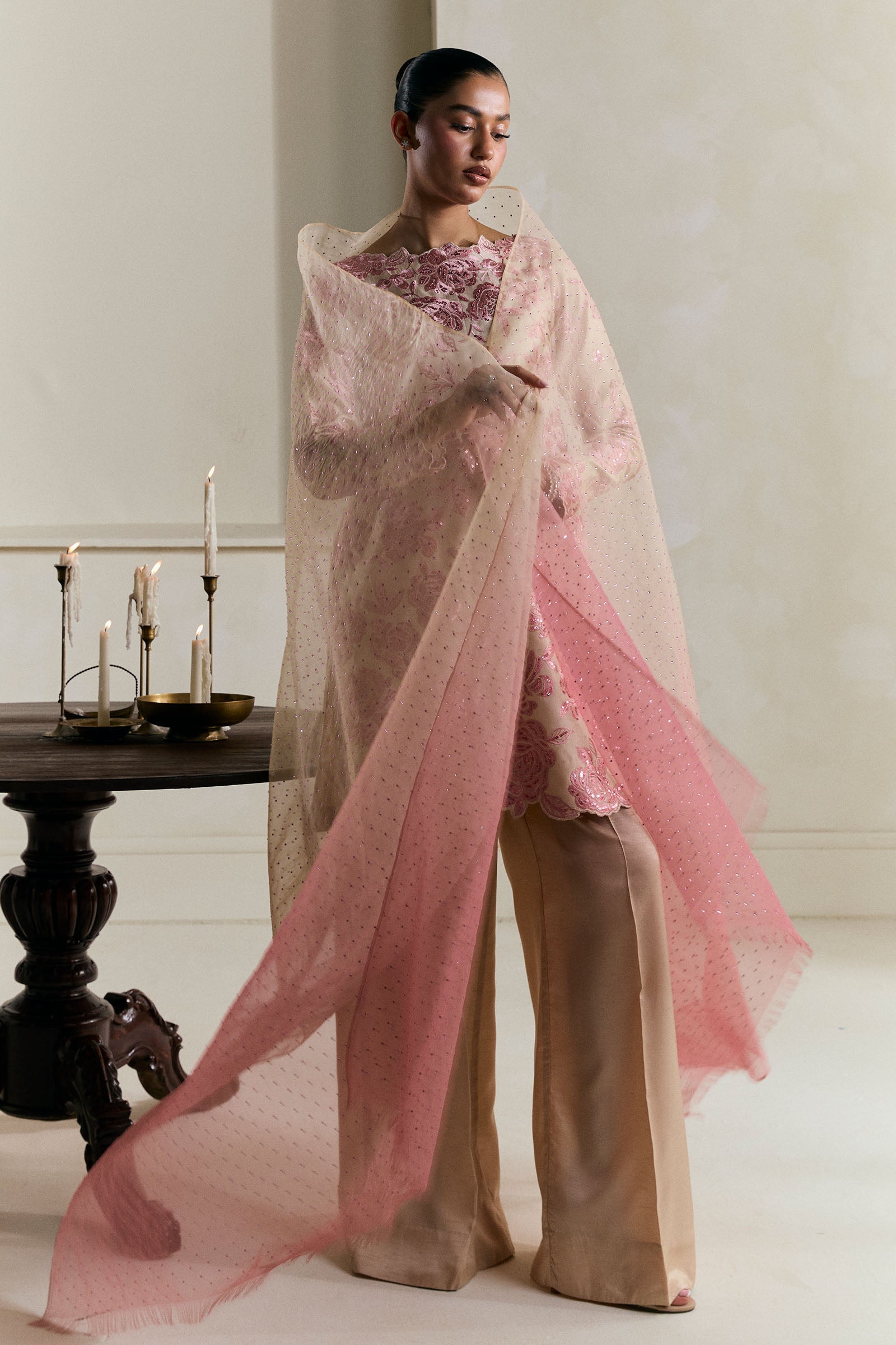 Pakistani Pale Beige Gara Embroidered Raw Silk Salwar Kameez (3-Piece) - Image 3