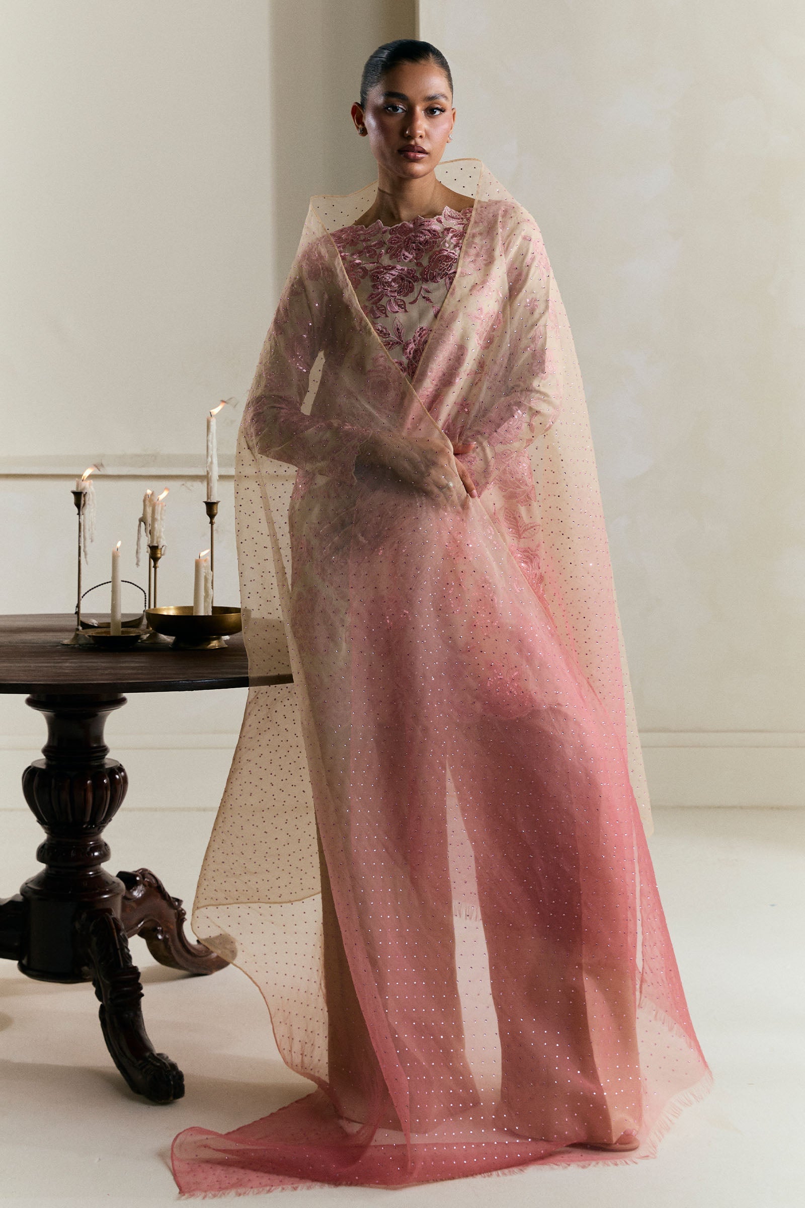 Pakistani Pale Beige Gara Embroidered Raw Silk Salwar Kameez (3-Piece) - Image 4