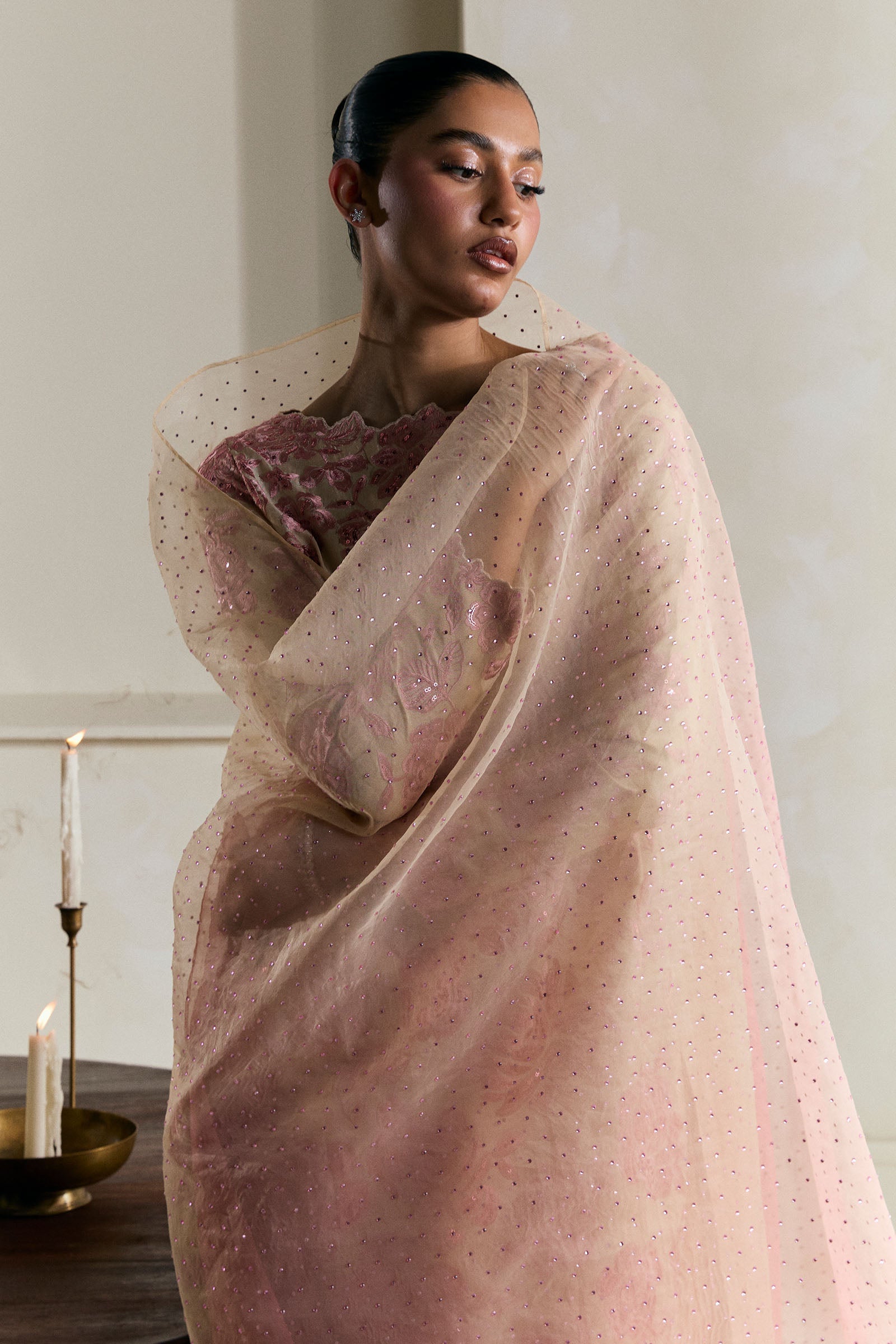 Pakistani Pale Beige Gara Embroidered Raw Silk Salwar Kameez (3-Piece) - Image 5