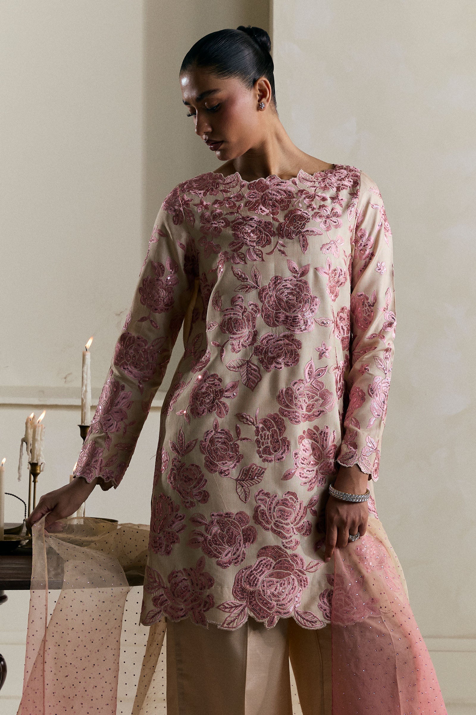 Pakistani Pale Beige Gara Embroidered Raw Silk Salwar Kameez (3-Piece) - Image 6