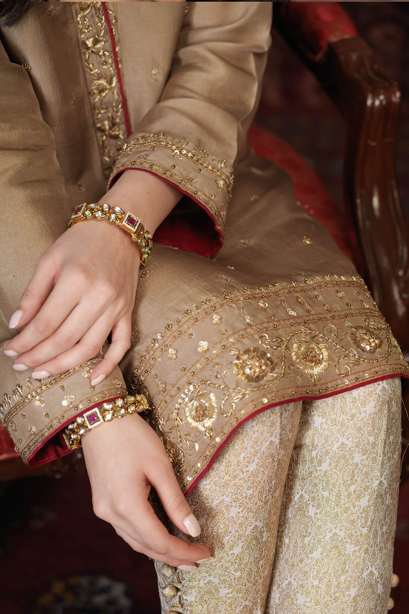 Pakistani Beige & Red Embroidered PK Raw Silk Salwar Kameez (3-Piece) - Image 1