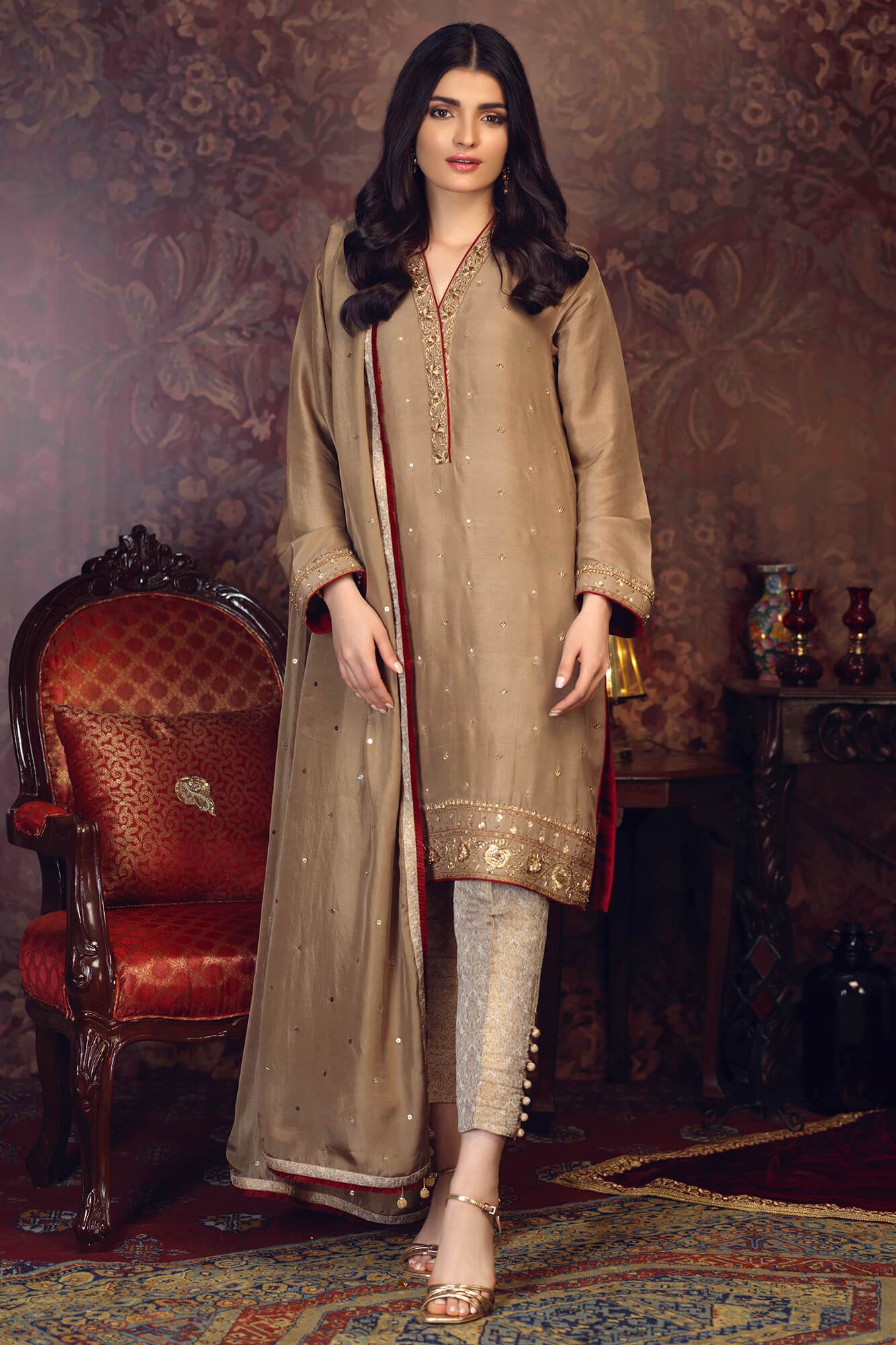 Pakistani Beige & Red Embroidered PK Raw Silk Salwar Kameez (3-Piece) - Image 2