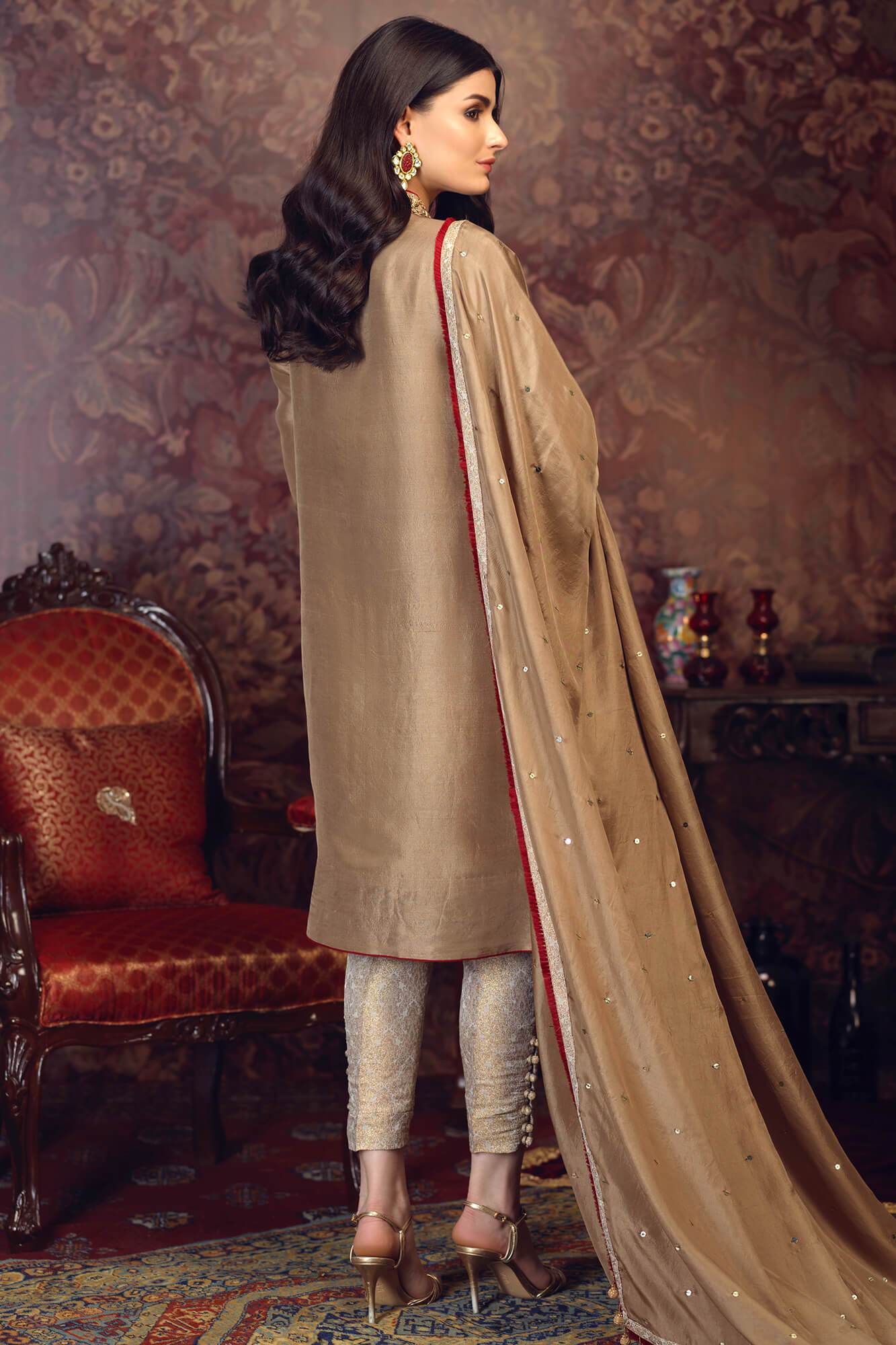 Pakistani Beige & Red Embroidered PK Raw Silk Salwar Kameez (3-Piece) - Image 3