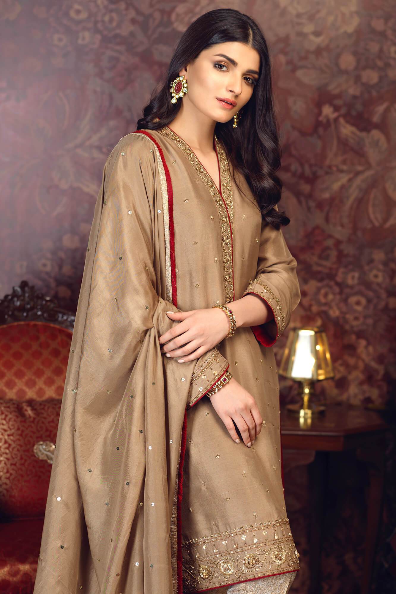 Pakistani Beige & Red Embroidered PK Raw Silk Salwar Kameez (3-Piece) - Image 4