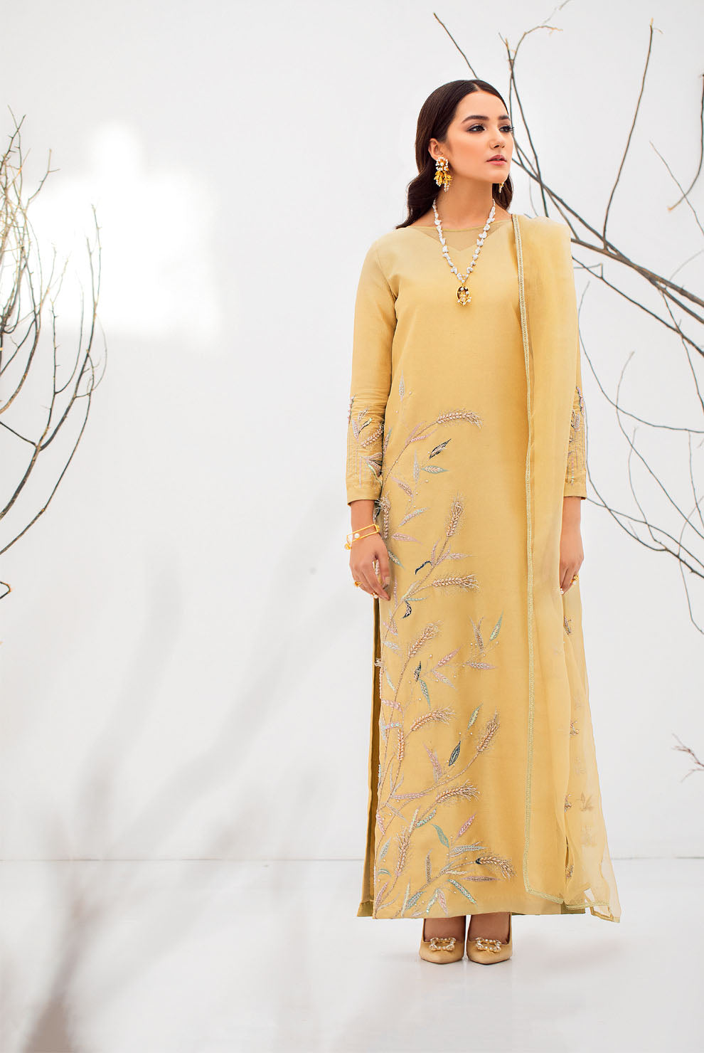 Wheat Hand Embroidered Raw Silk Salwar Kameez (3-Piece) - Image 1