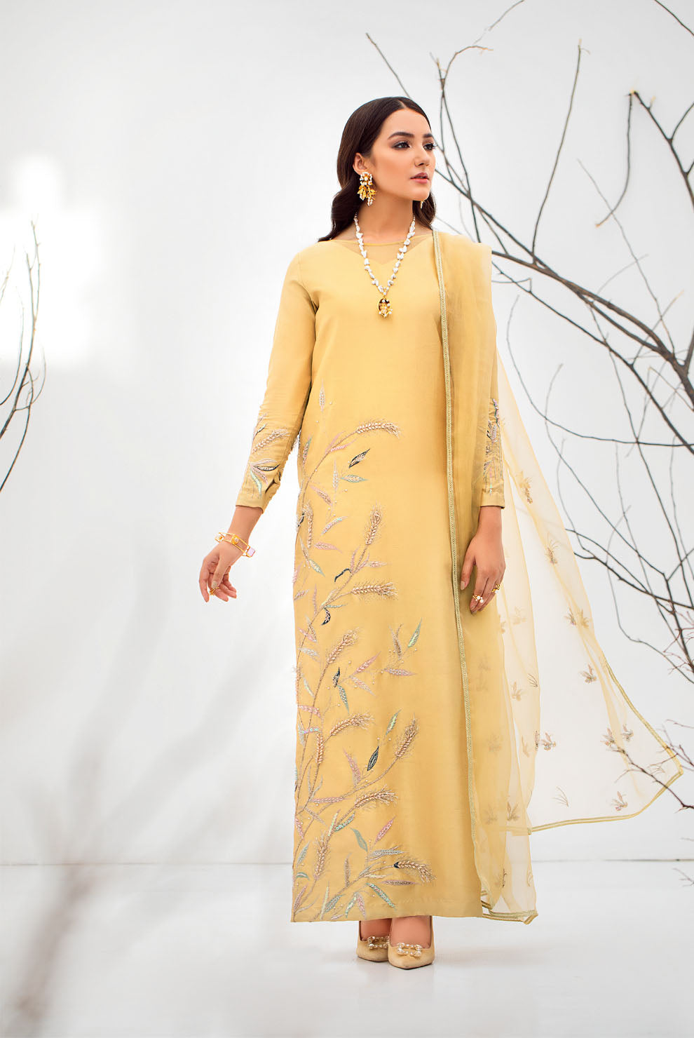 Wheat Hand Embroidered Raw Silk Salwar Kameez (3-Piece) - Image 3