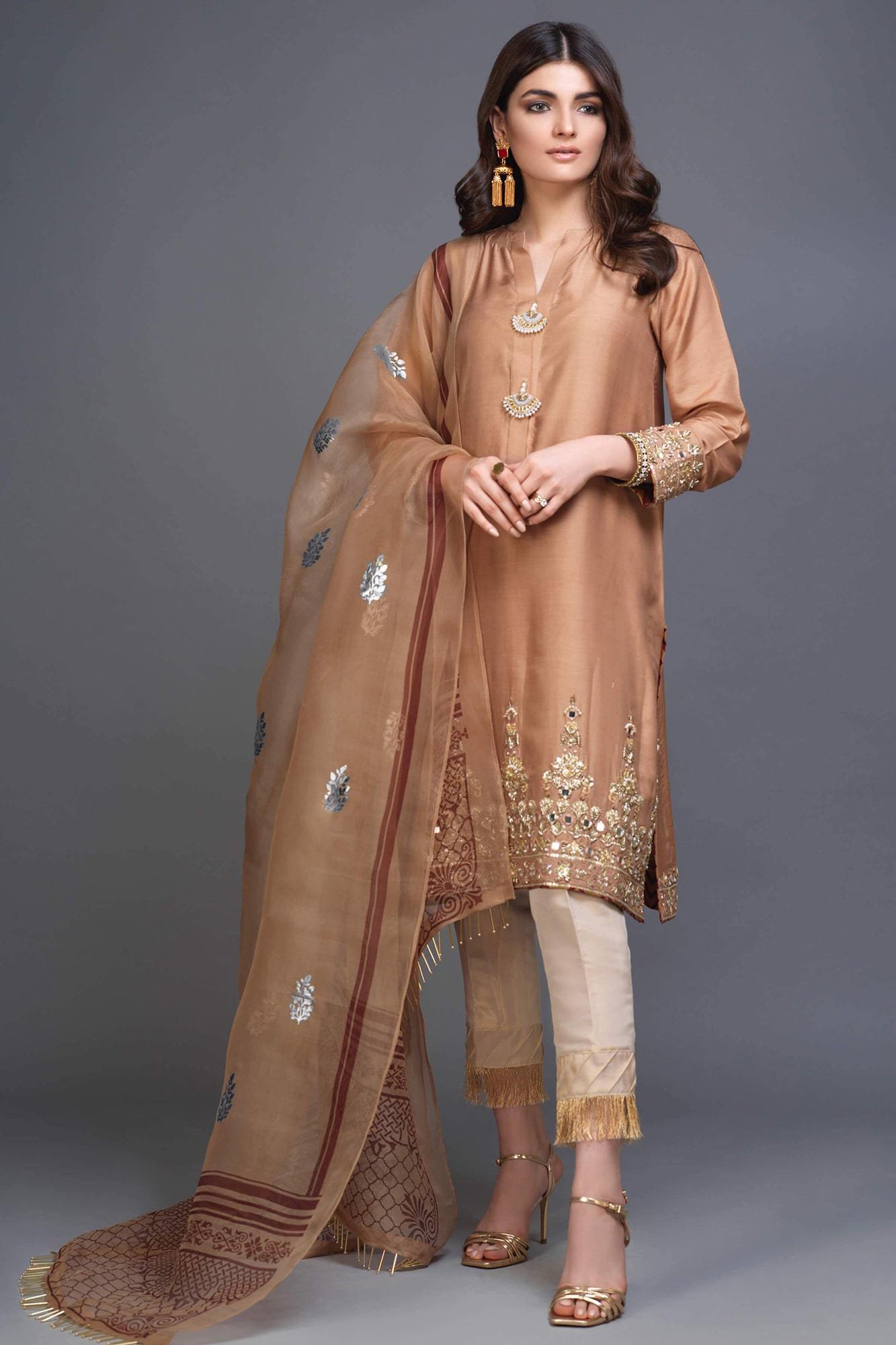 Sand Tone Embroidered PK Raw Silk Salwar Kameez (3-Piece) - Image 2